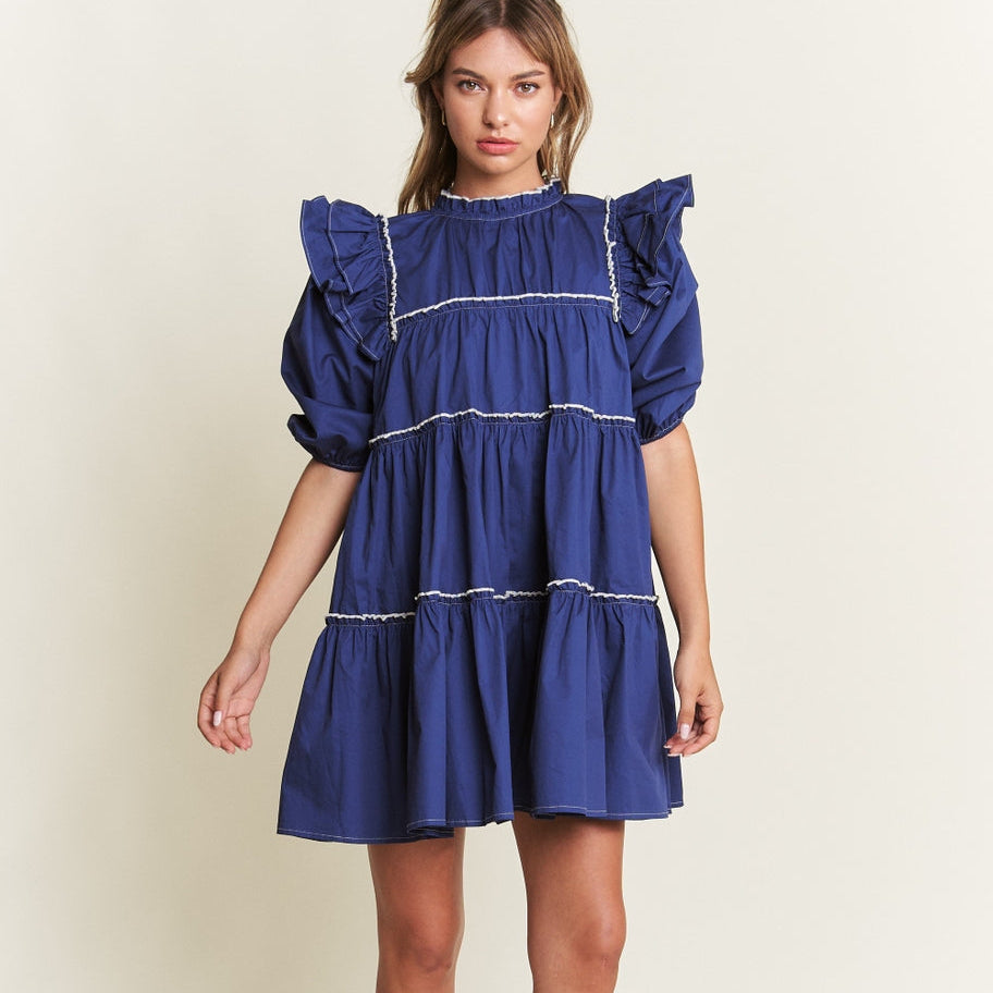 Rock the boat in this Navy Baby Doll Mini Dress with large sleeves, bold navy blue color, and eye-catching white line detailing. Perfect for a flirty and fun look, this mini dress is sure to make a statement. Let your playful side shine through with this quirky and stylish piece!