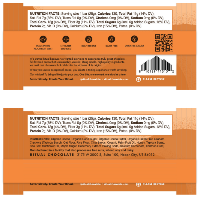 Back of a chocolate bar packaging with nutritional information and branding details.