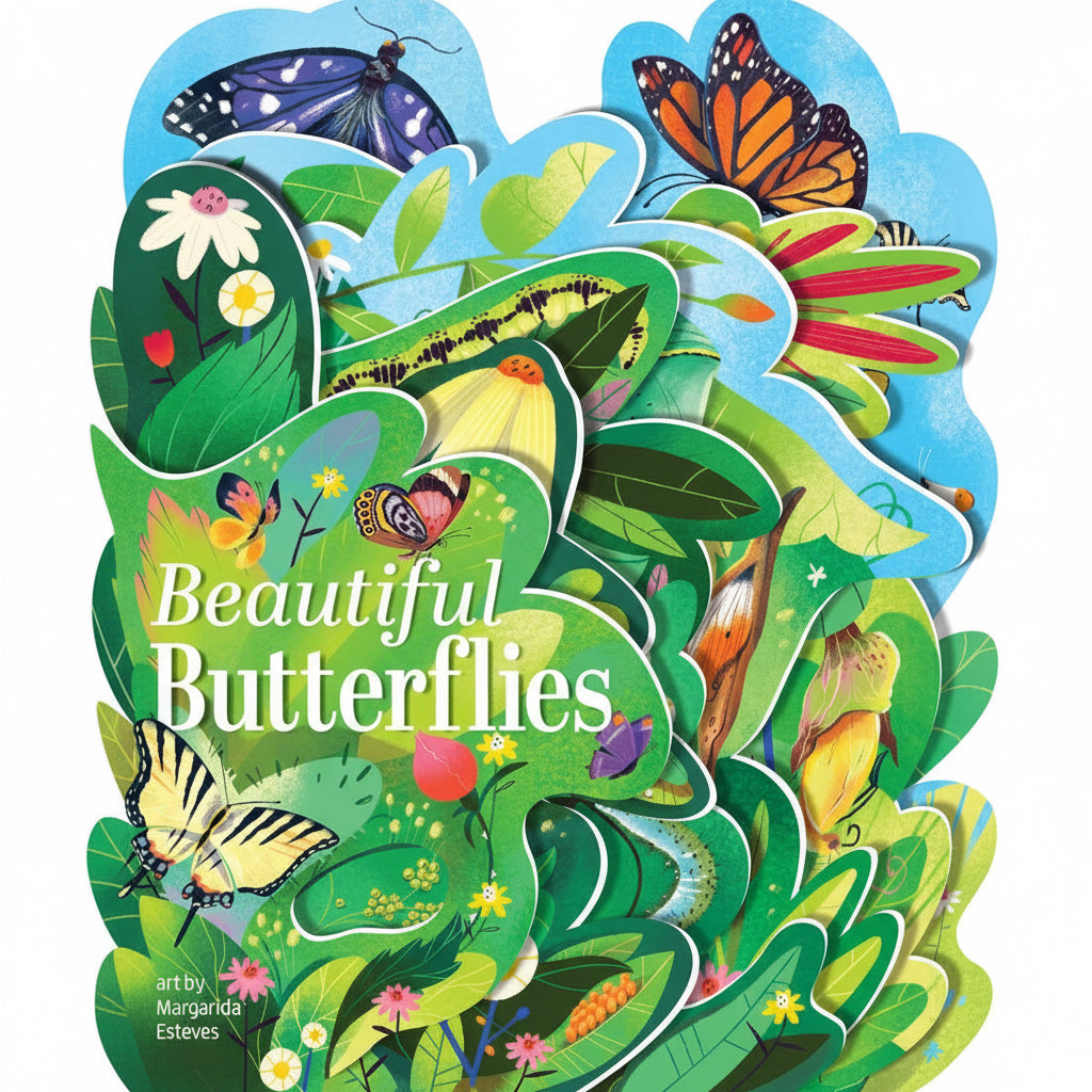 An ode to the growth and beauty of butterflies (and their young admirers), this colorful, chunky board book is a work of art. Every page turn reveals a new layer of Margarida Esteves’s bright, graphic depiction of a stage in the life of a butterfly.