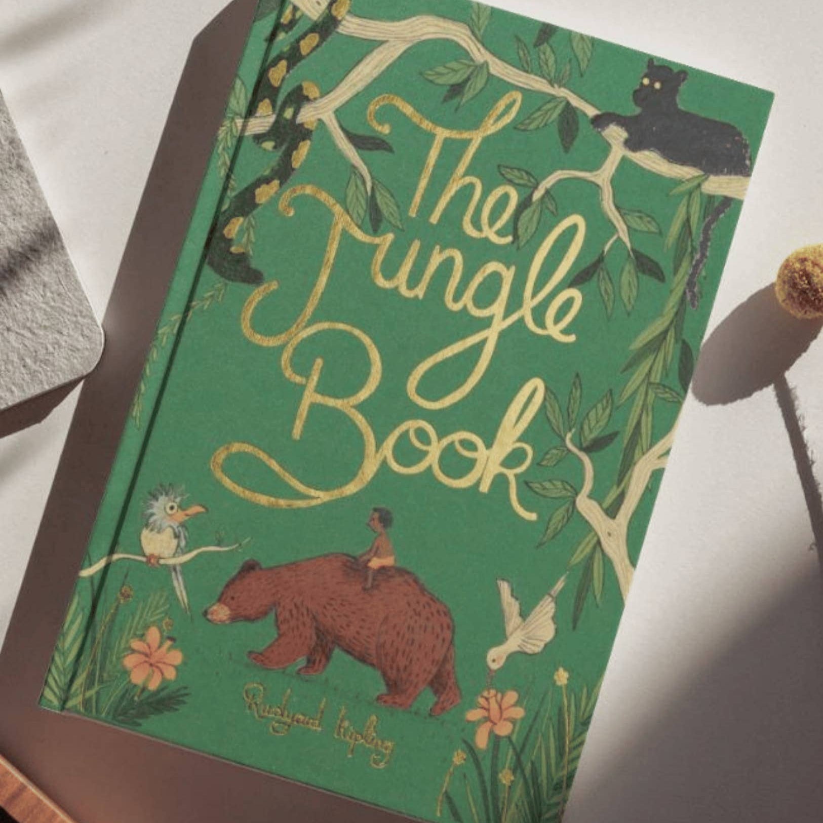 Book titled 'The Jungle Book' with a green cover featuring illustrations of animals and characters.
