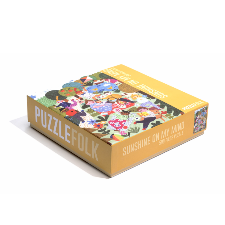 A fun, bright puzzle featuring friends and families enjoying the afternoon sunshine in the park! We hope you love this puzzle to pieces!  500 piece puzzle  Finished puzzle dimensions - 16.5" x 22.5"
