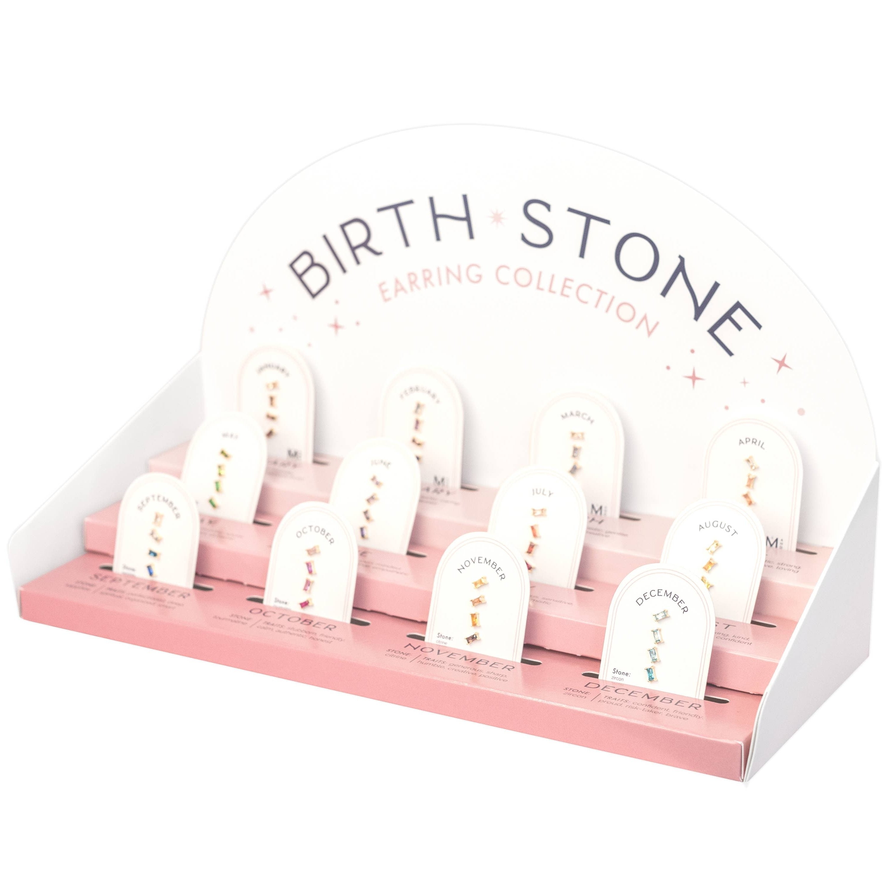  Birthstone Ombre Baguette Stud Earring Set, a collection of four stunning earrings crafted in 18k gold plated with an anti-tarnish coating. This set of stud earrings showcases the ombre effect, seamlessly blending hues from light to dark, creating a captivating visual representation of your birthstone's color spectrum. 