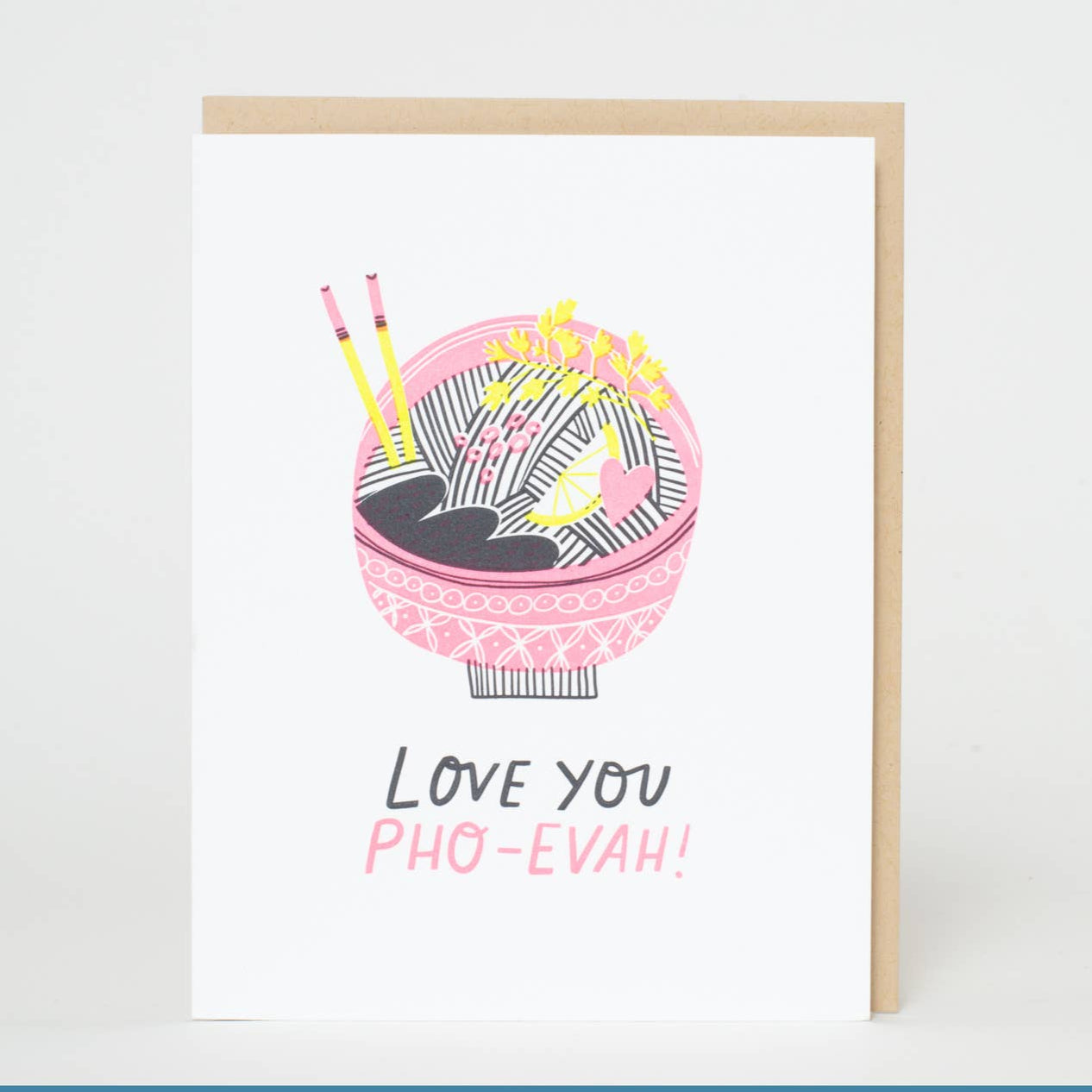 Send a memorable message with the Love You Pho Reals Punny Letterpress Greeting Card from Hello!Lucky. The quirky design and punny phrase will bring a smile to anyone's face. Perfect for expressing your love in a fun and playful way.