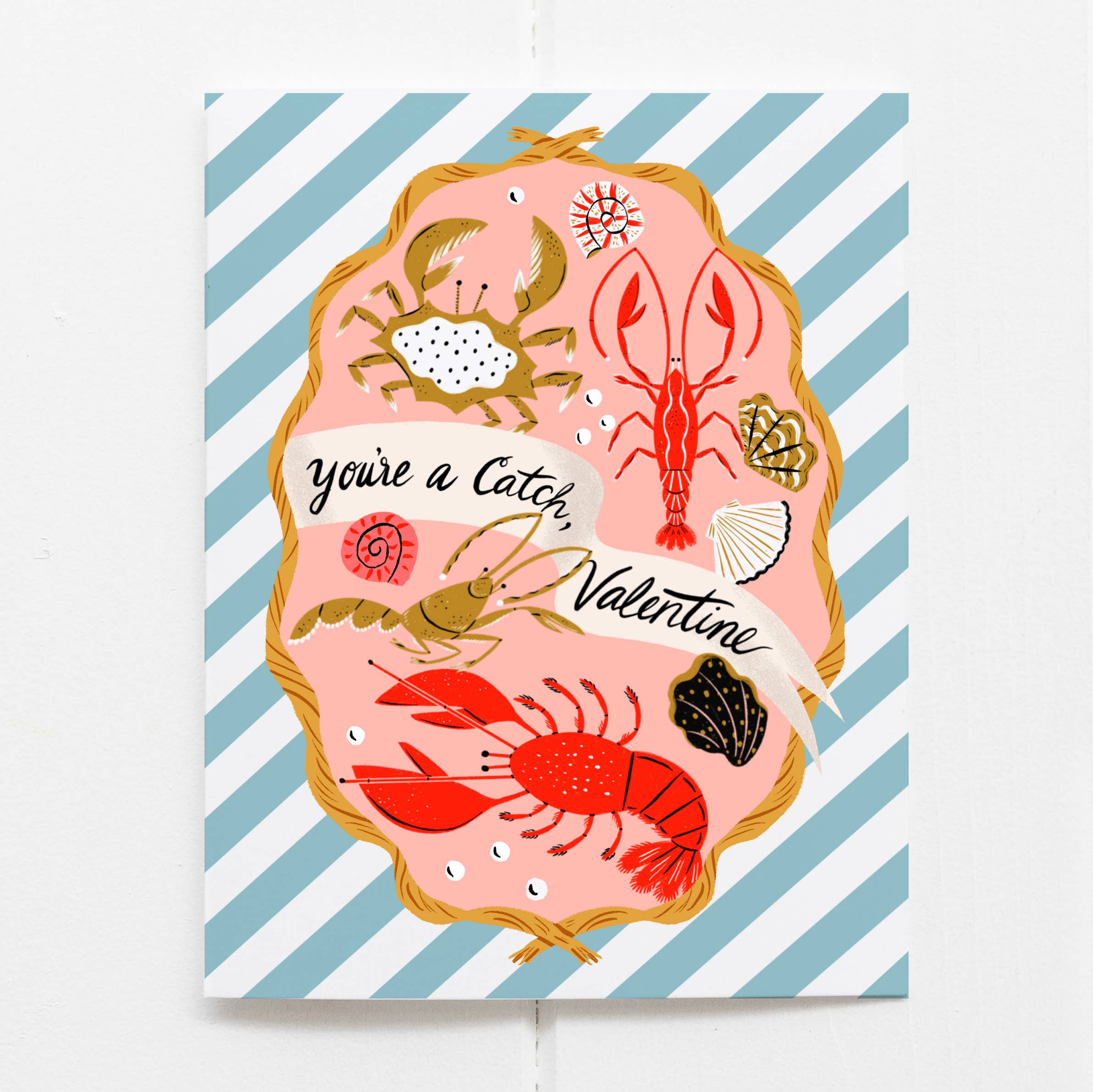 Valentine's Day card with sea creature illustrations and text on a striped background
