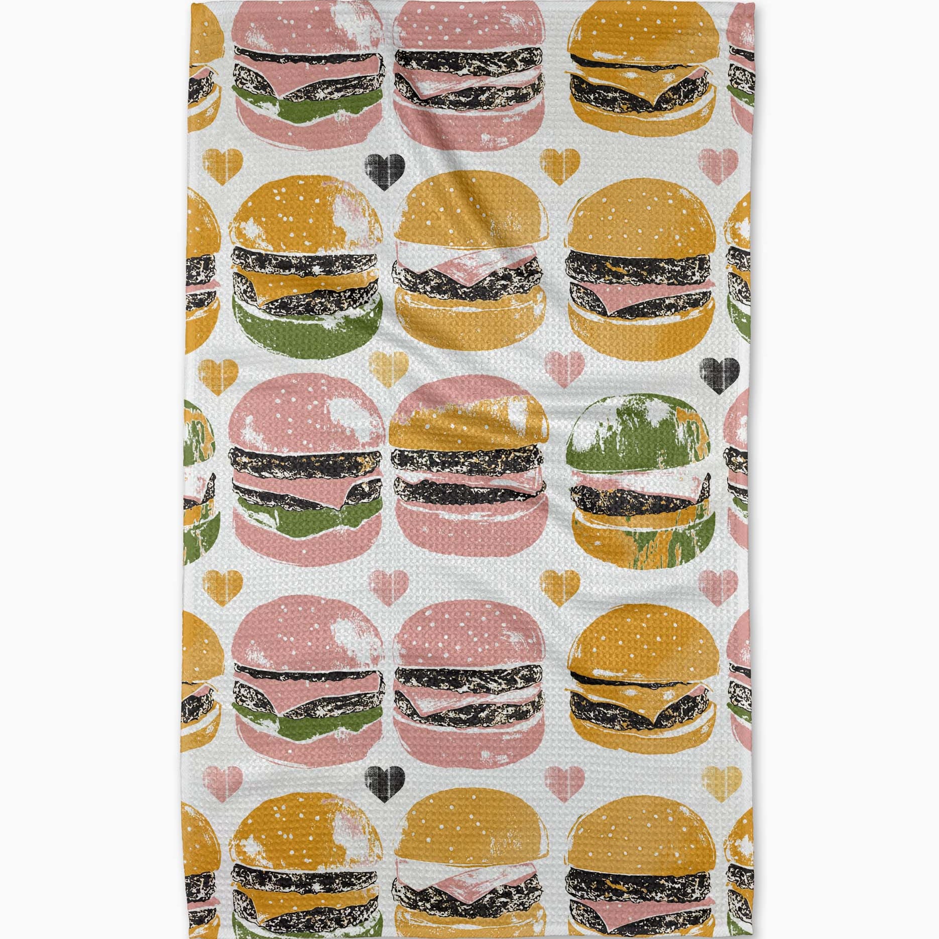 Patterned towel with cartoon hamburgers and hearts on a white background