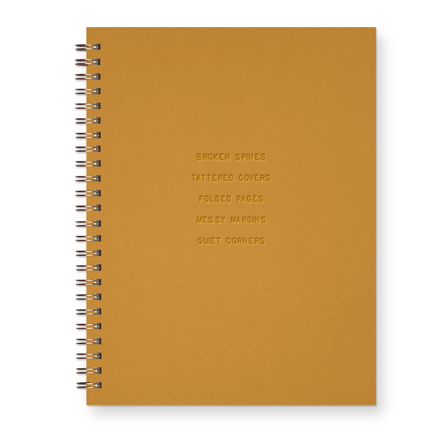 Mustard yellow notebook with text on a white background