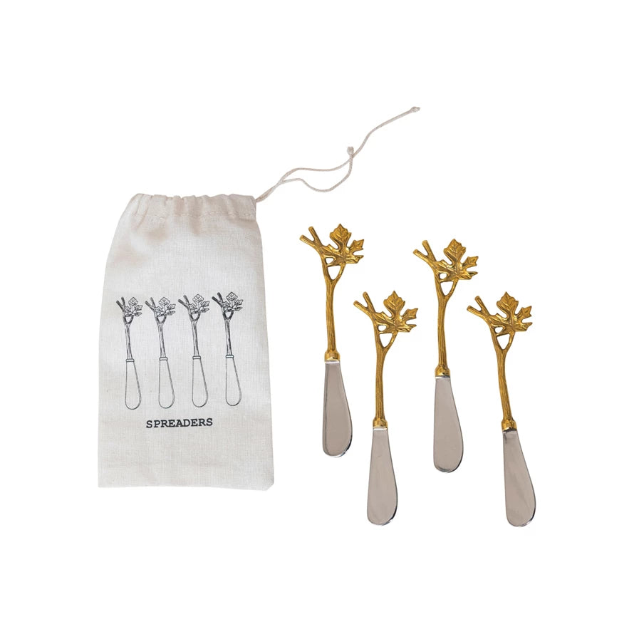 An elegant take on hors d'oeuvres, these Stainless Steel & Brass canape knives with their Maple Branch handles are sure to be the talk of the party! Perfect for slicing and scooping appetizers, these beauties will charm your guests and make them feel extra special. Feel like royalty at your next gathering!     Size  6"L 