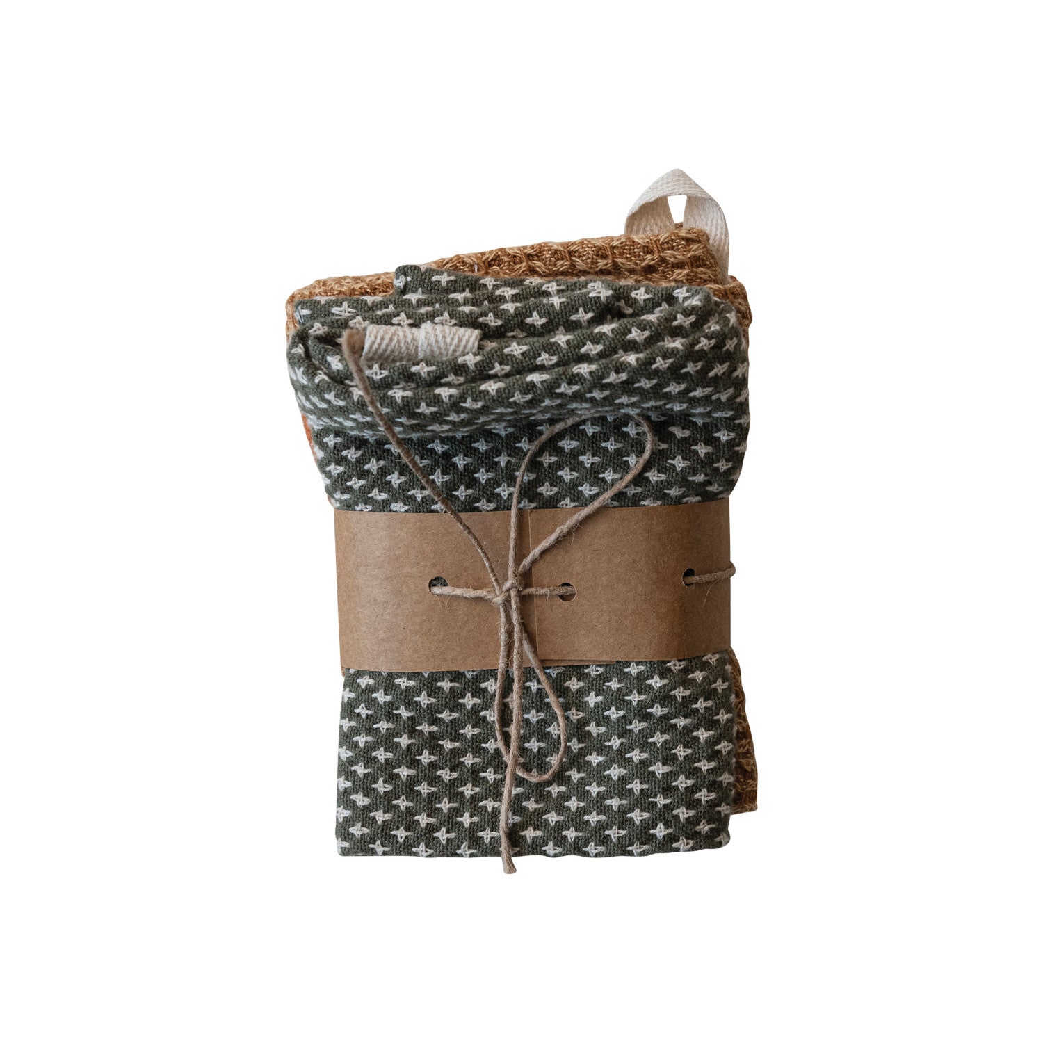 Cotton Dobby Dish Cloths, Set of 3 Bundled w/ Kraft Paper & Jute Tie