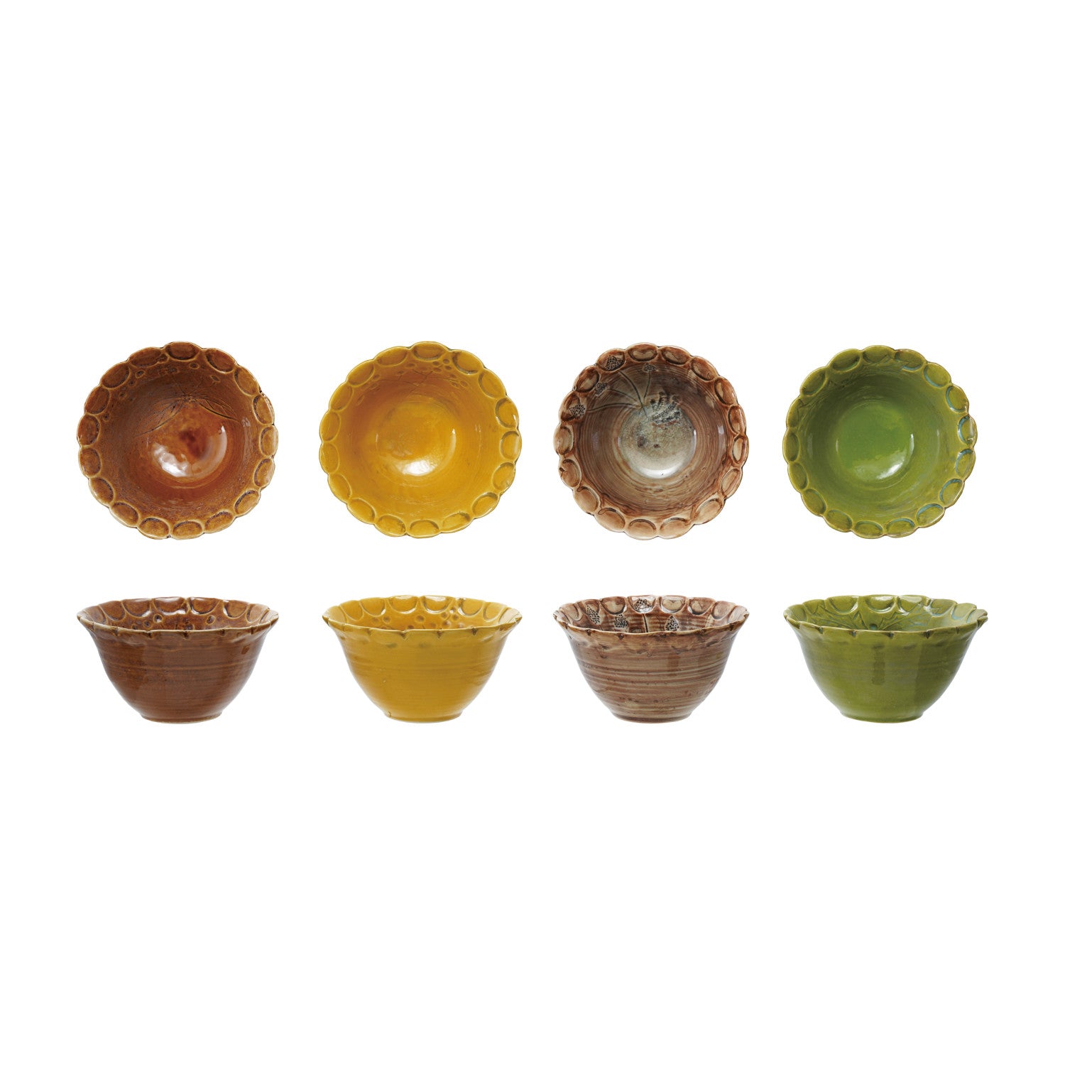 Brown ceramic bowl with decorative rim on a white background