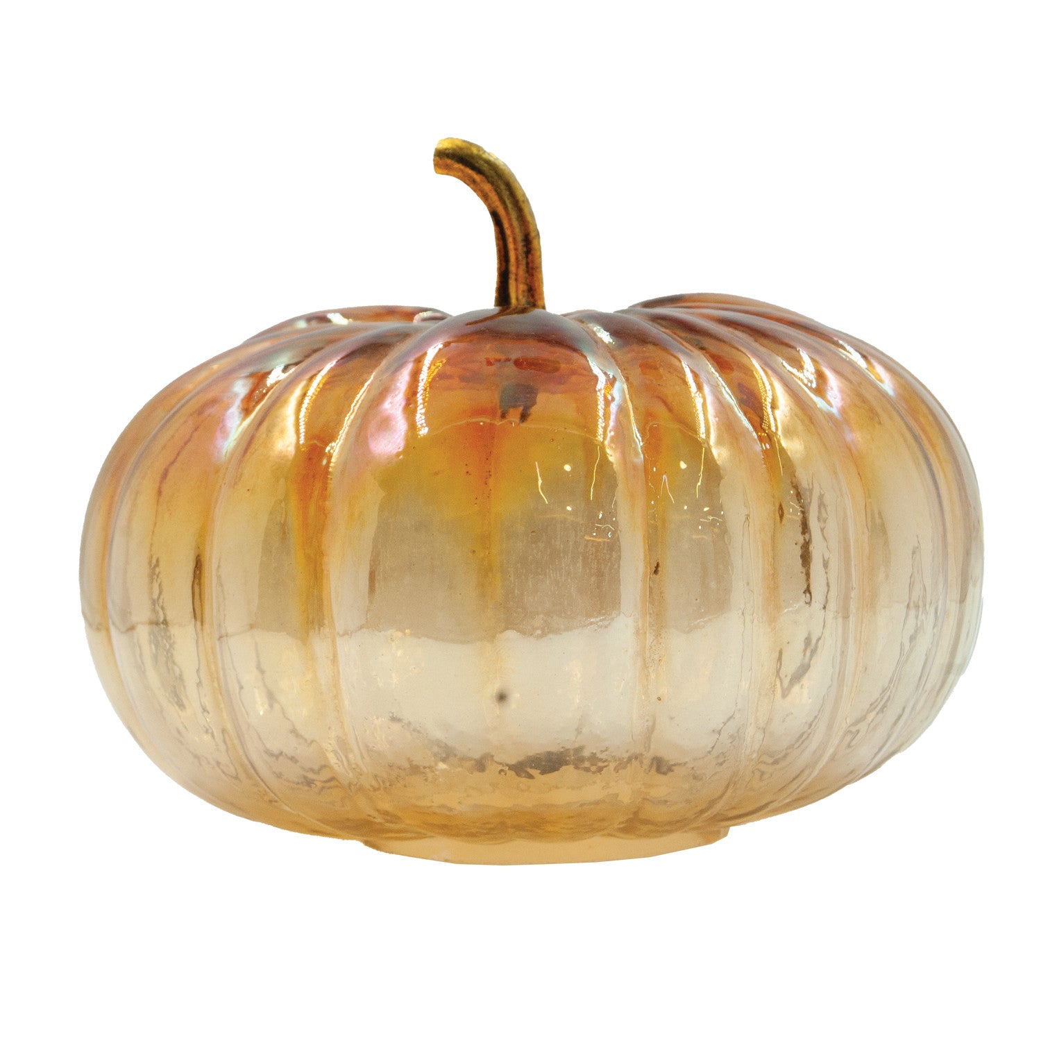 Glass Pumpkin with Brass Stem, Iridescent Finish, Amber Color