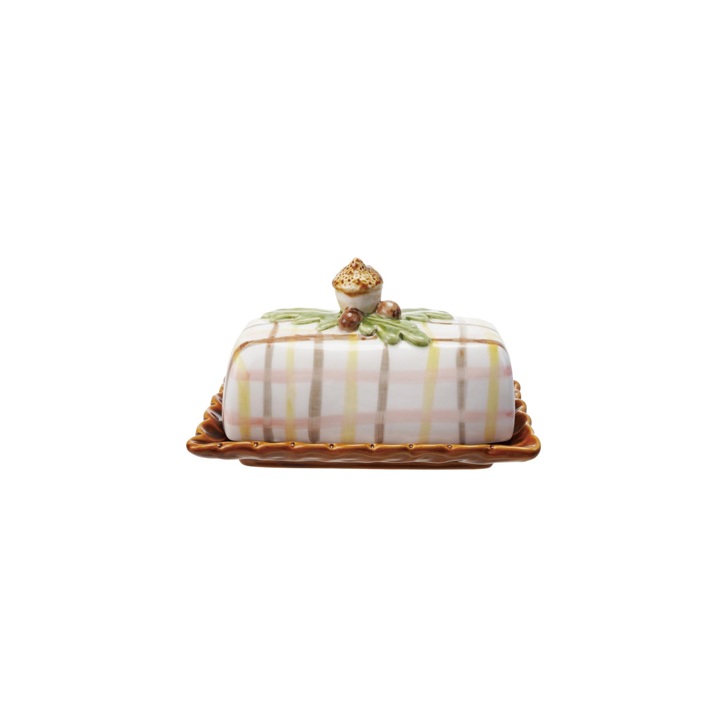 Hand-Painted Stoneware Butter Dish with Acorn Handle ©