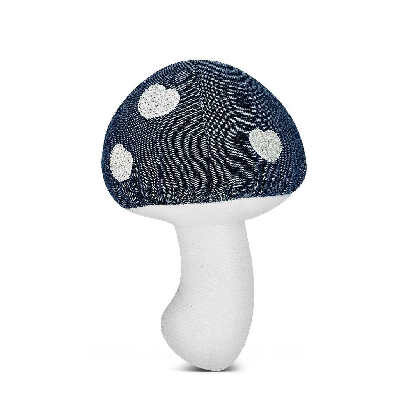 Let this Chambray Mushroom Rattle add a touch of whimsy to your baby's toy collection. Made of soft mint velour, it's perfect for tiny hands to shake and play with. It also makes a gentle rattling sound to stimulate sensory development. It's the perfect blend of cute and practical. Fungi never looked so fun!