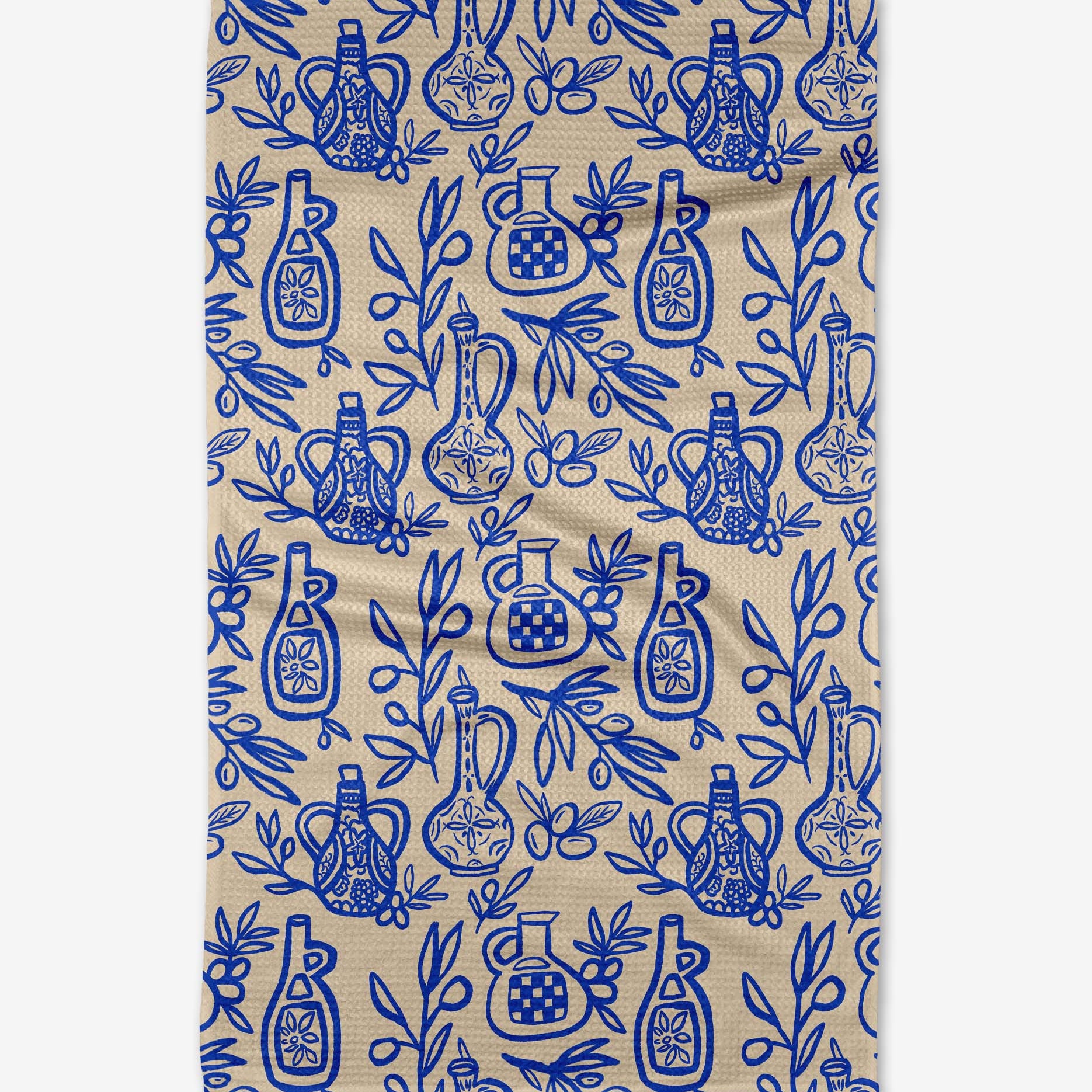 Patterned fabric with blue vases on a beige background