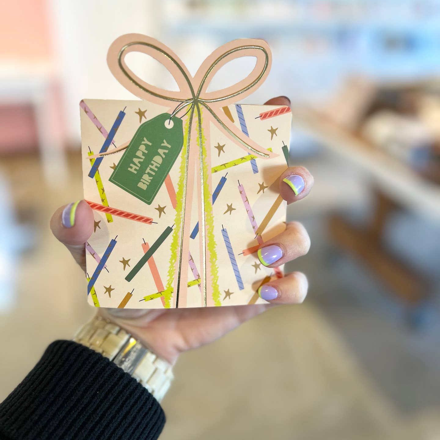 A fun and colorful die-cut folded greeting card and coordinating envelope to wish a very Happy Birthday!




4.25 x 5.5 inches when folded

Gold foil accents

Blank interior 