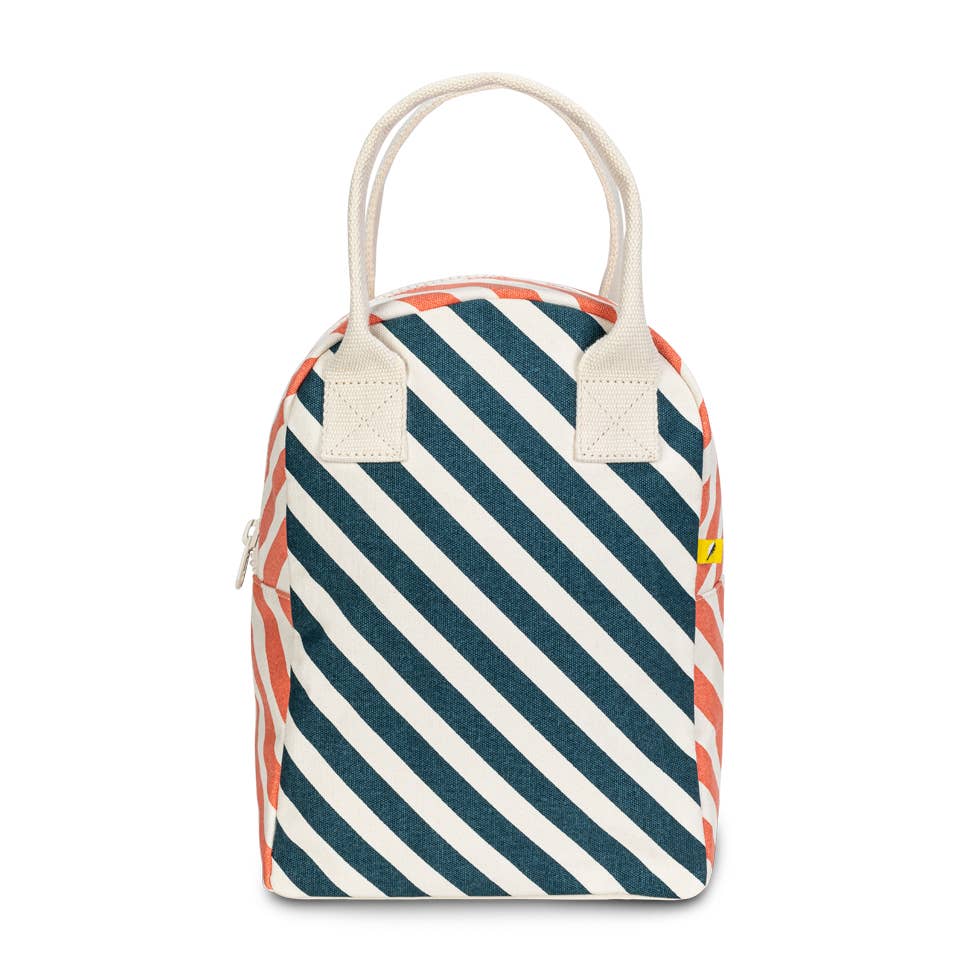 Certified organic cotton. Preshrunk and fully machine washable. Cotton canvas carry handles. Zipper closure. Rinse-able, tested food-safe lining. Interior pocket (for a water bottle or ice pack). Durable and roomy. Lunch bag is lined but not insulated. Water-resistant lining works well with an ice pack, if desired. Stripe Teal Apricot pattern.