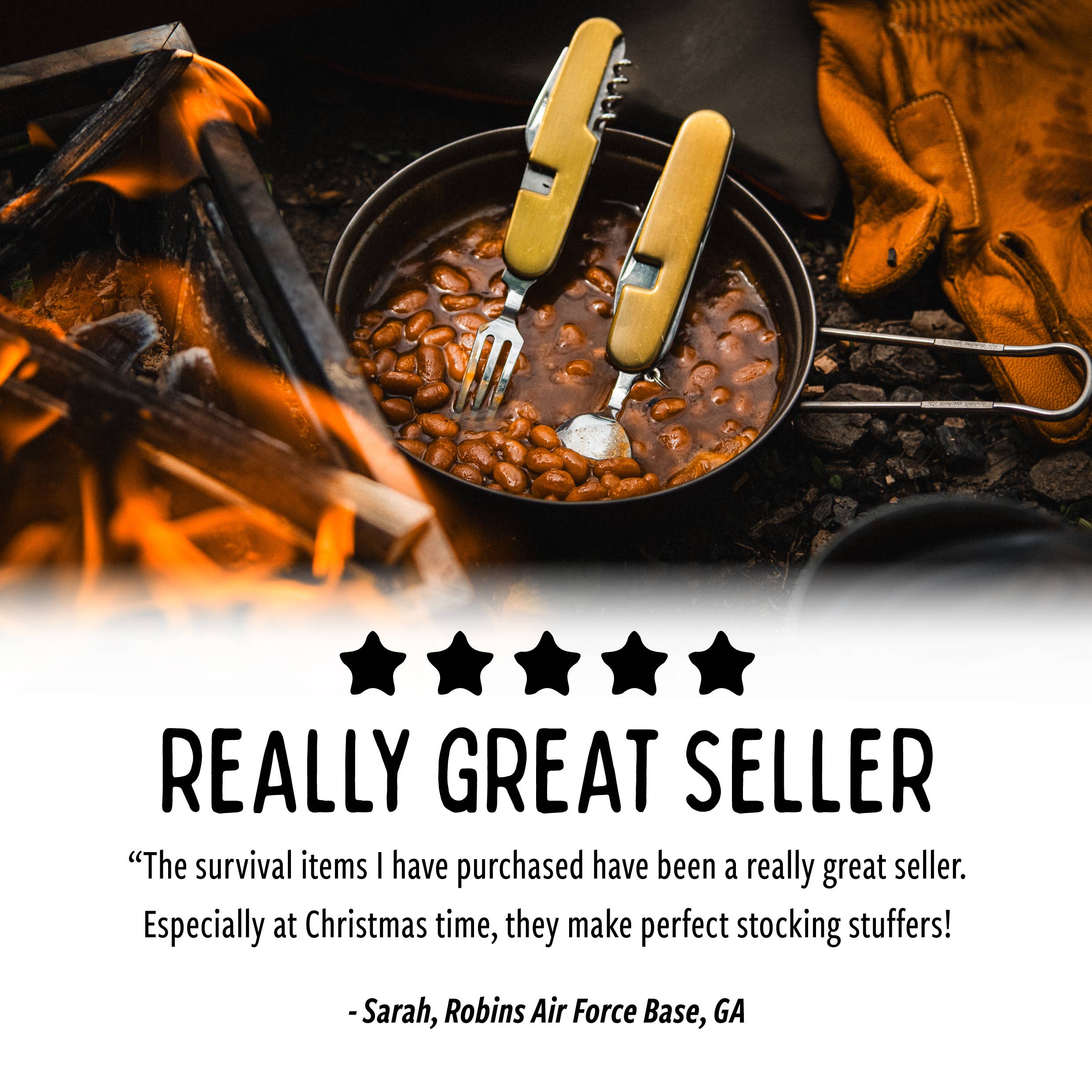 Cooking scene with beans and utensils over a fire, featuring a five-star rating and customer review.