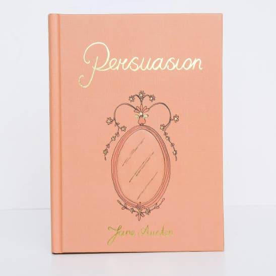 Book titled 'Persuasion' by Jane Austen with decorative cover on a light gray background