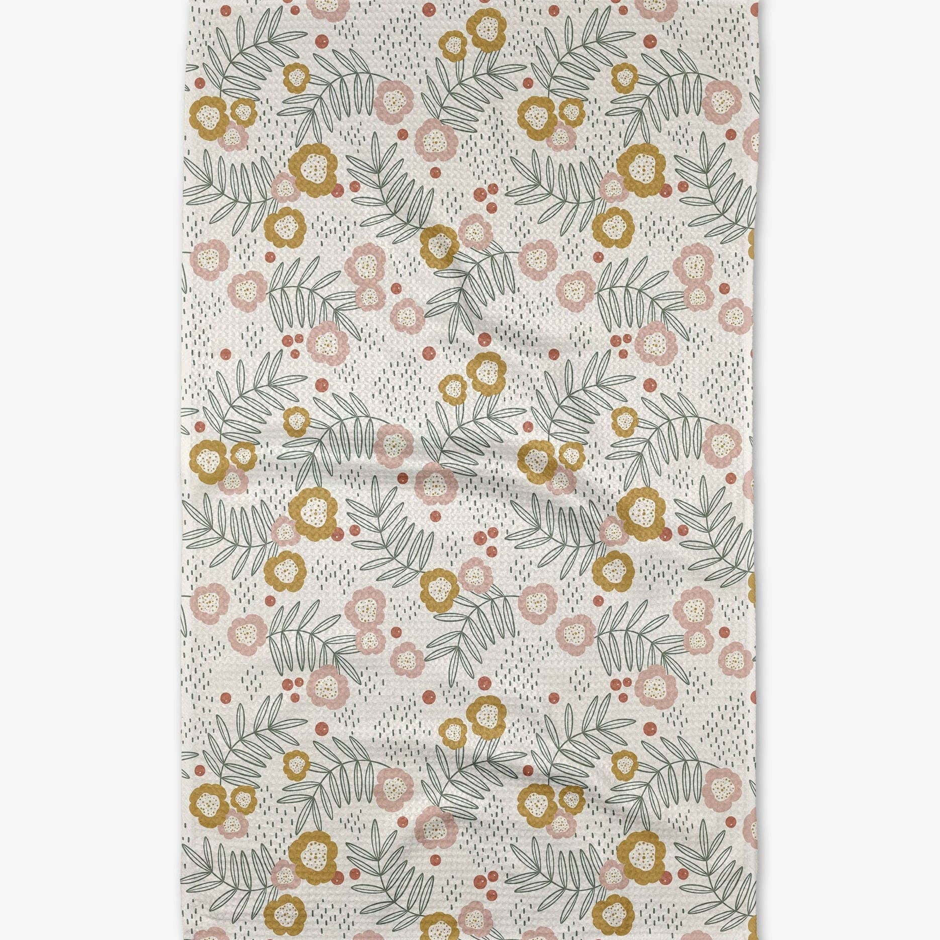Floral patterned tea towel with a neutral background