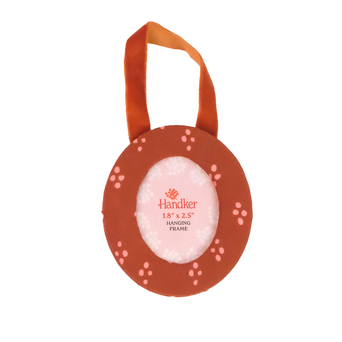 An oval-shaped fabric hanging frame by Handker, featuring a rust-orange border with small pink floral patterns and a matching orange hanging loop at the top, set against a plain white background.