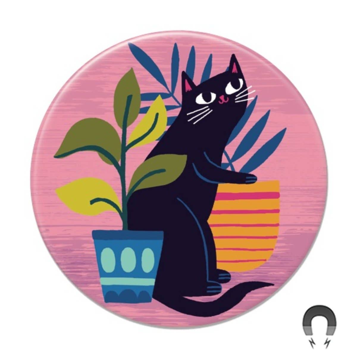 Black Cat With Plants design by Allison Cole. Made with recycled paper &amp; steel. Super strong flat back for maximum pull strength. Hand-pressed in our Portland, OR factory. Plastic-free packaging: shipped loose in paper packaging. All Badge Bomb purchases support 1% For The Planet! 2.25" round