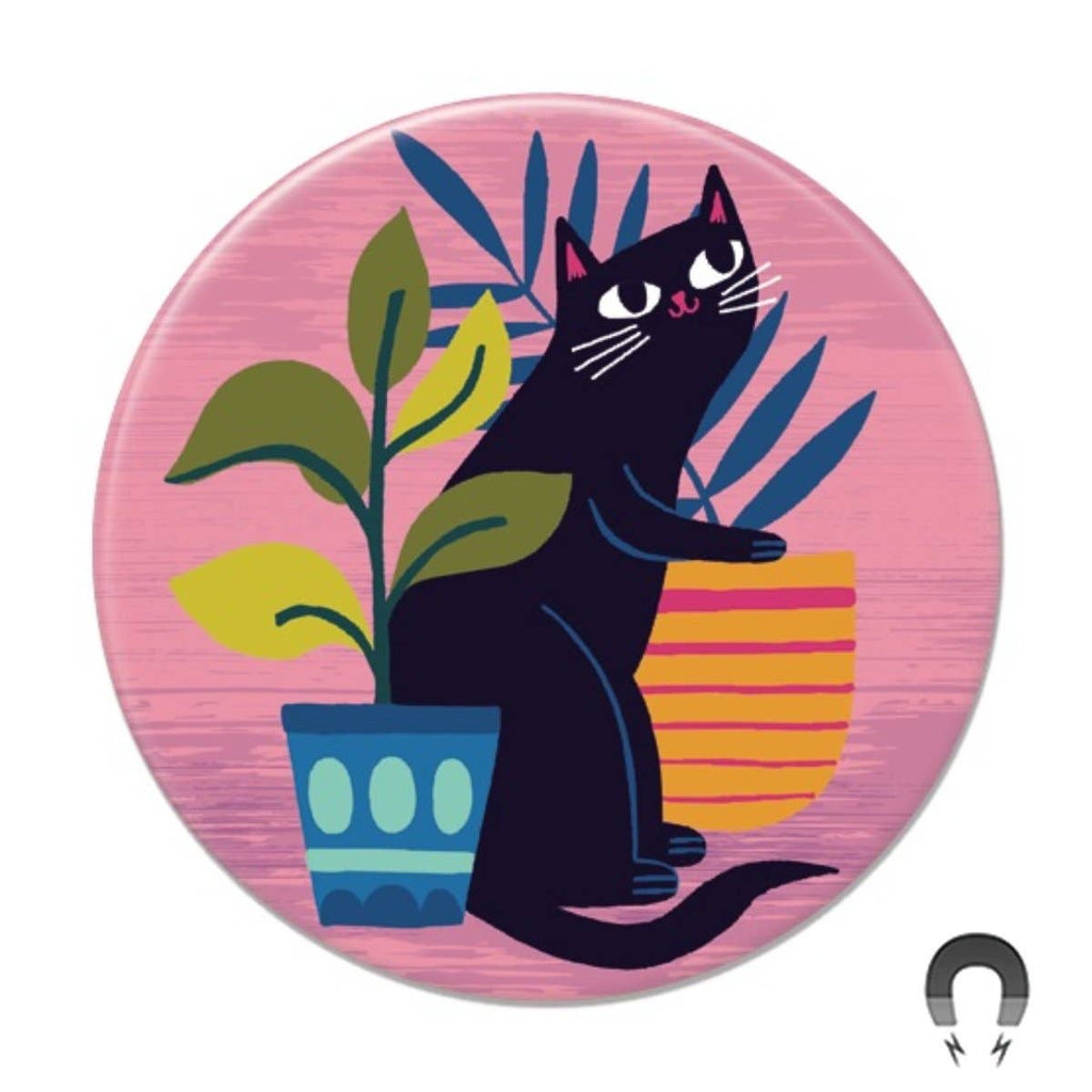 Black Cat With Plants design by Allison Cole. Made with recycled paper &amp; steel. Super strong flat back for maximum pull strength. Hand-pressed in our Portland, OR factory. Plastic-free packaging: shipped loose in paper packaging. All Badge Bomb purchases support 1% For The Planet! 2.25" round