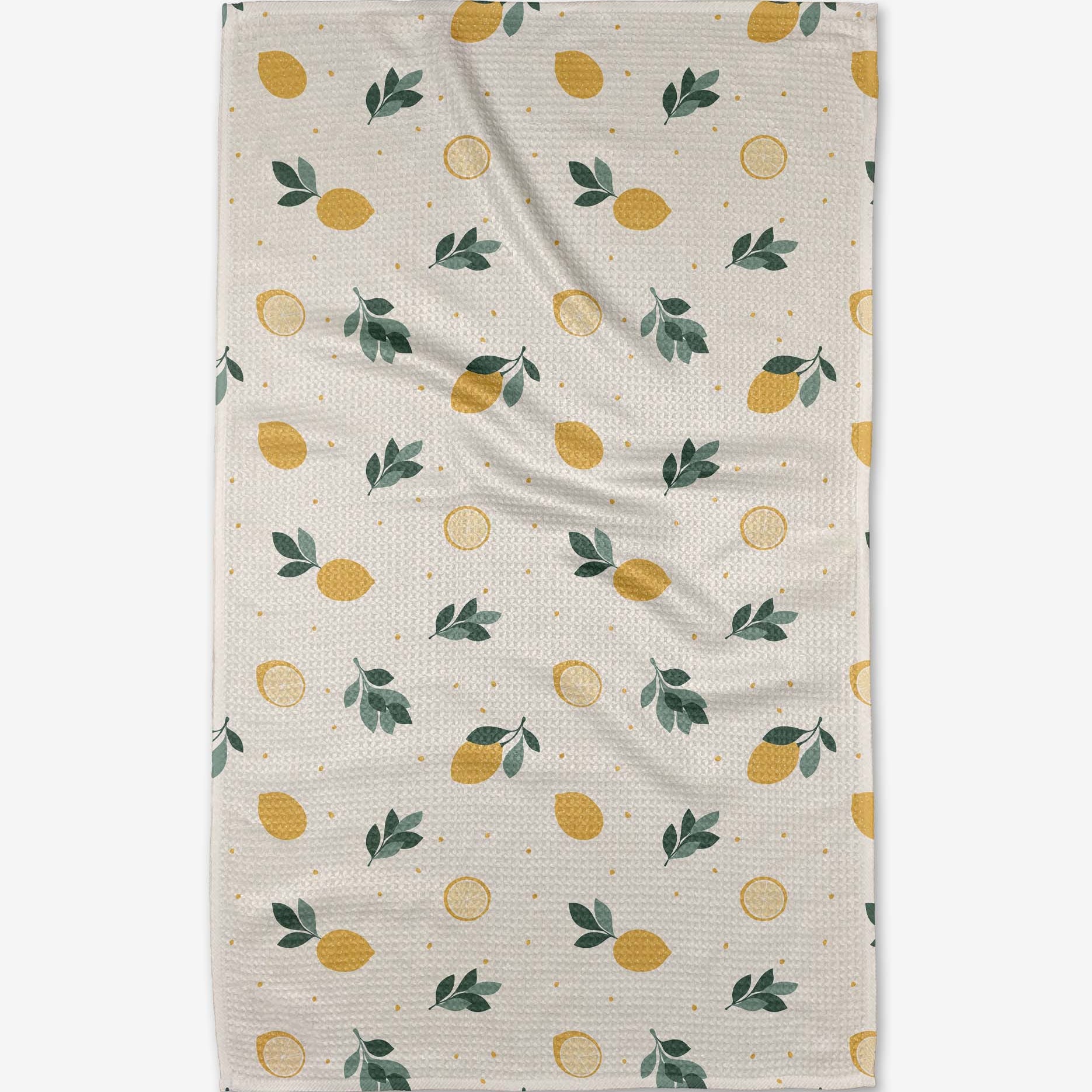 tea towel Fabric with lemon and leaf pattern on a white background