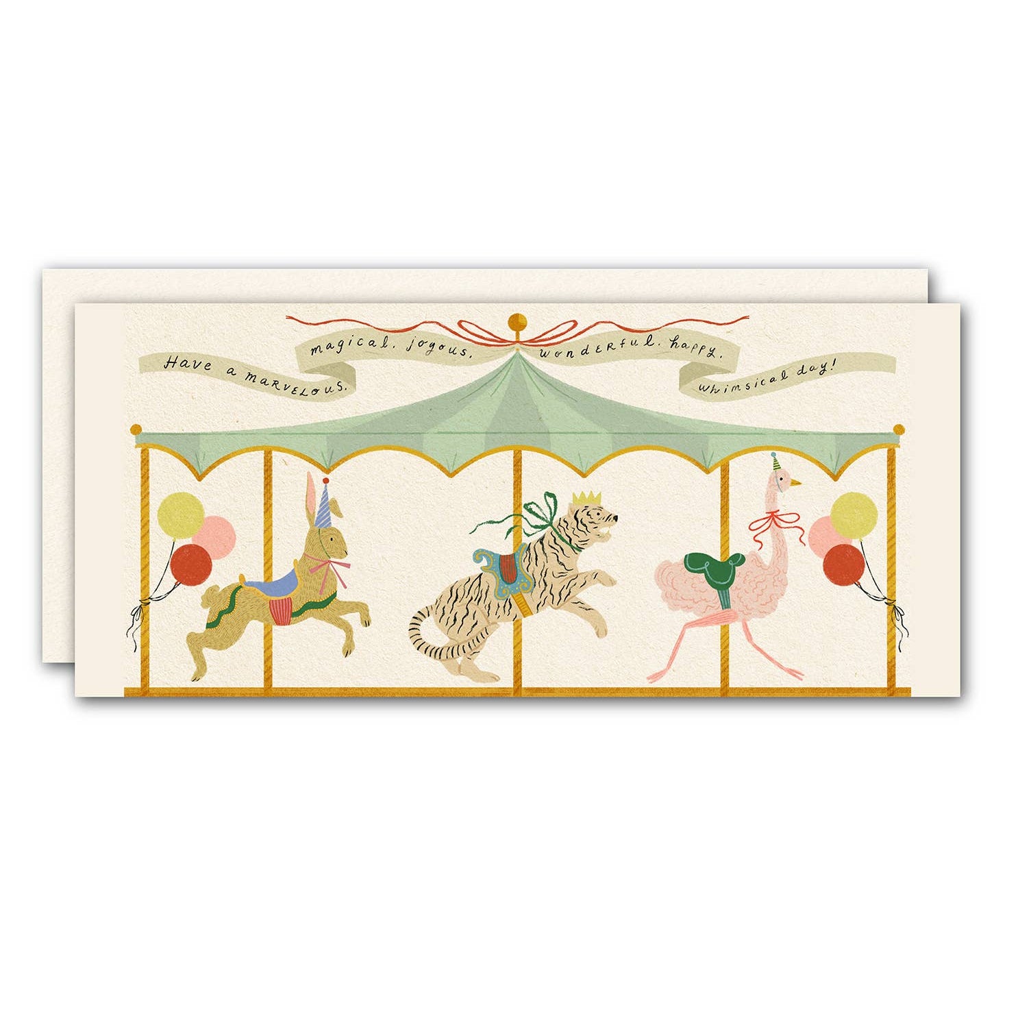 Card with a carousel design featuring animals and balloons on a white background for a birthday- Greeting Card