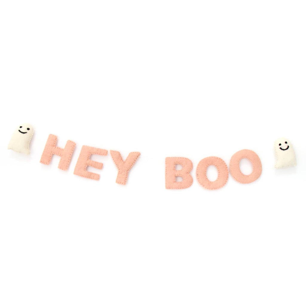 The Hey Boo Halloween Felt Garland is like a spooky cheerleader for your holiday decor! Show your Halloween spirit with this festive felt garland, featuring spooky black bats and bright orange pumpkins. Boo-tastic decoration for a spooktacular celebration!     Size  4’ Long   Like Pink Felt letters are appx. 3.5" tall