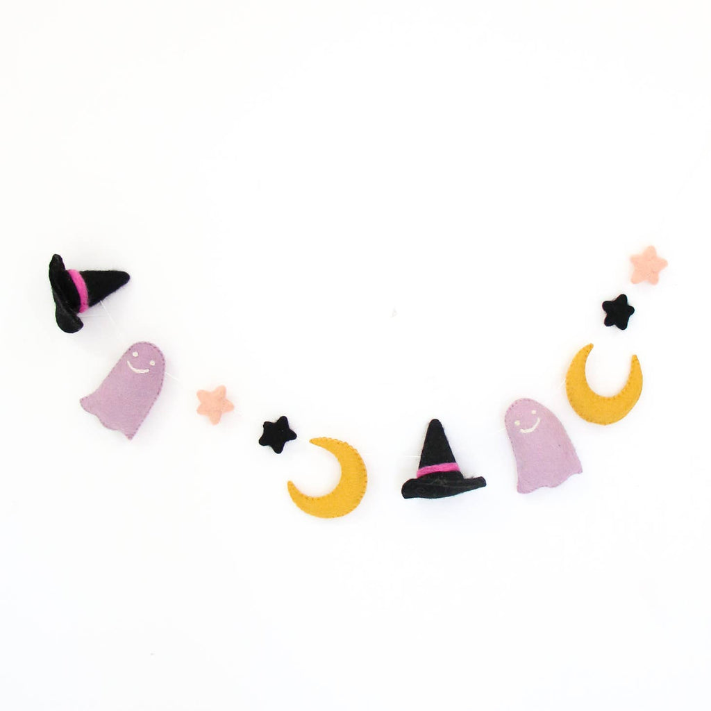 This spellbinding garland brings a hint of witchy vibes to your décor! Handcrafted with felt shapes, this garland adds a pinch of spooky style to your home. Perfect for your Halloween festivities or for everyday witchy whimsy. Get your evil (eye) on!    Black Witch hat, purple ghost, yellow moon, pink & black stars     Size  5’ Long   Felt letters are appx. 2-4” tall