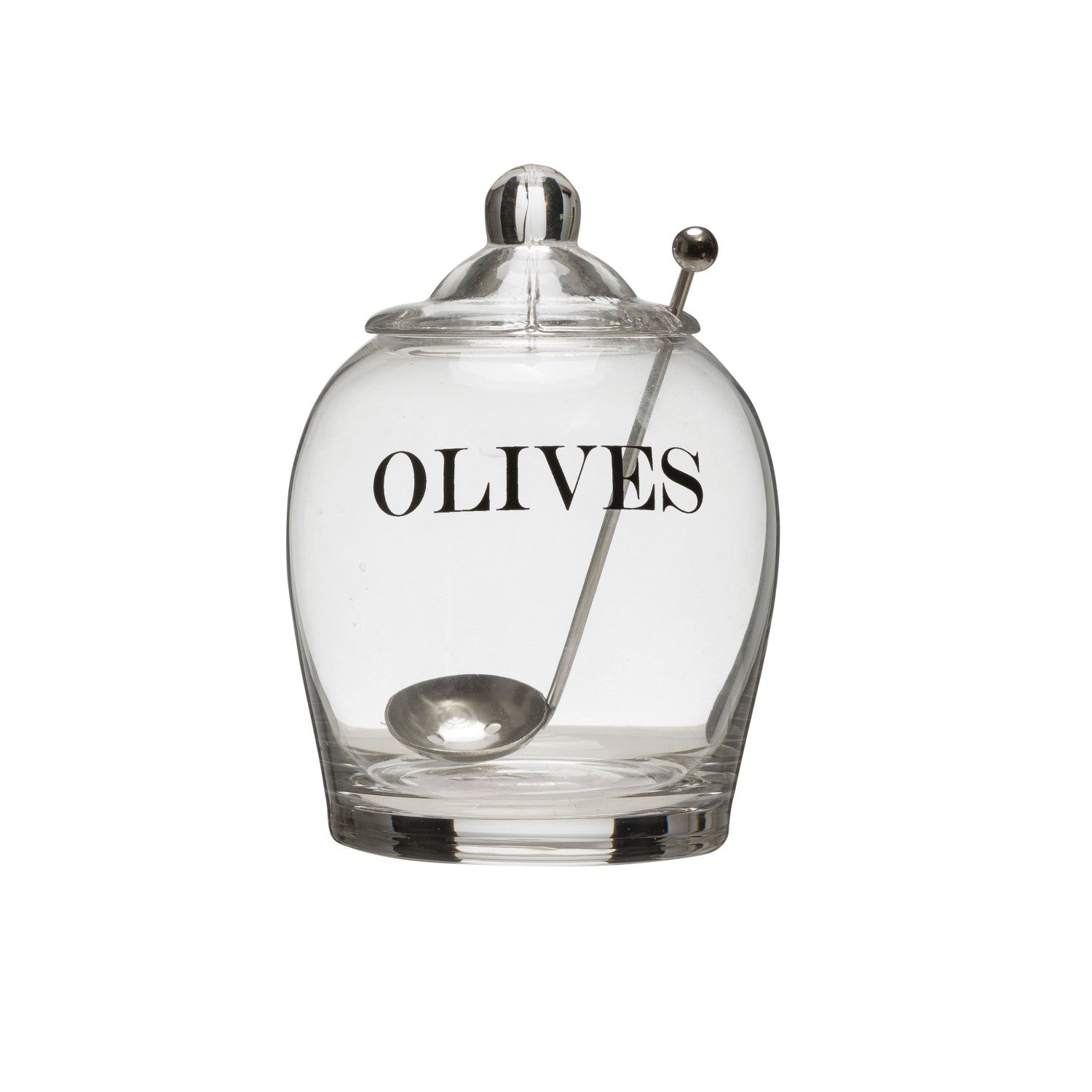 Glass Jar with Slotted Spoon, jar says "Olive" across it