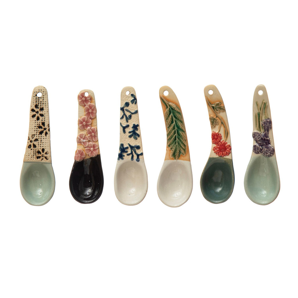 This artistically hand-painted stoneware spoon with a floral design handle will be a beautiful addition to any kitchen serving pieces. It is a functional and charming piece that will complement many kitchen collections and styles. Perfect for everyday use or entertaining family and friends in a casual setting. Each one will vary slightly.

Hand-Painted Spoon - Fern Leaf