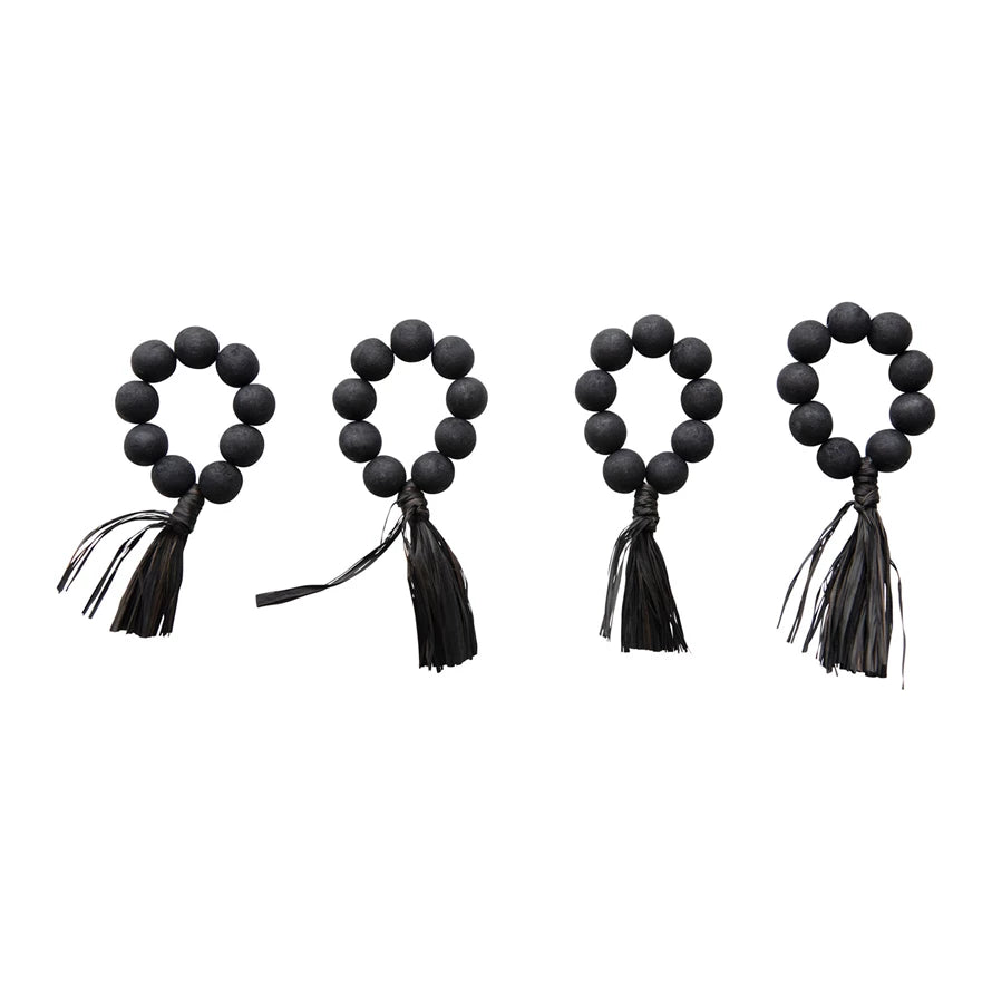 Black Wood Bead Napkin Rings with Raffia Tassel - Set of 4