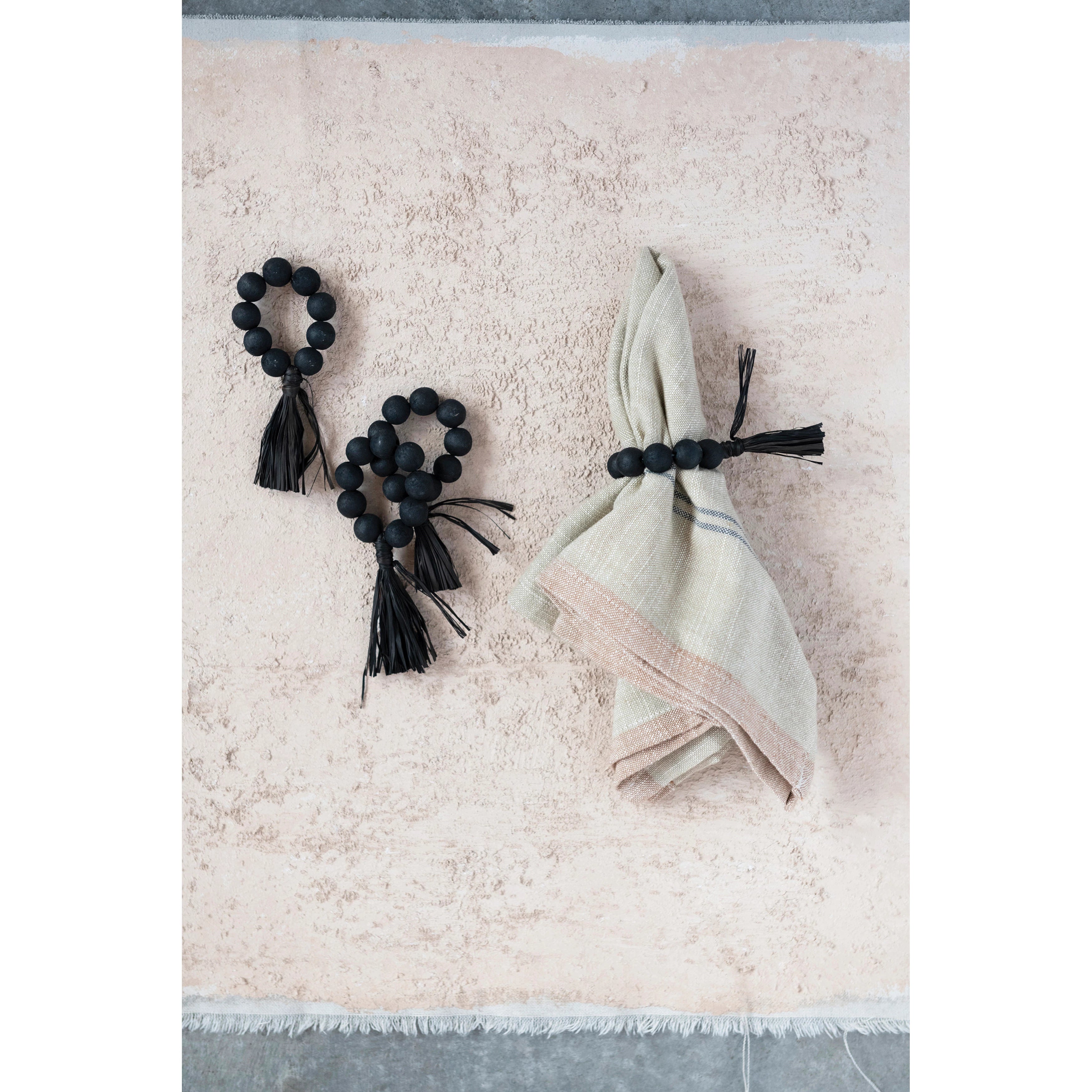 Black Wood Bead Napkin Rings with Raffia Tassel - Set of 4