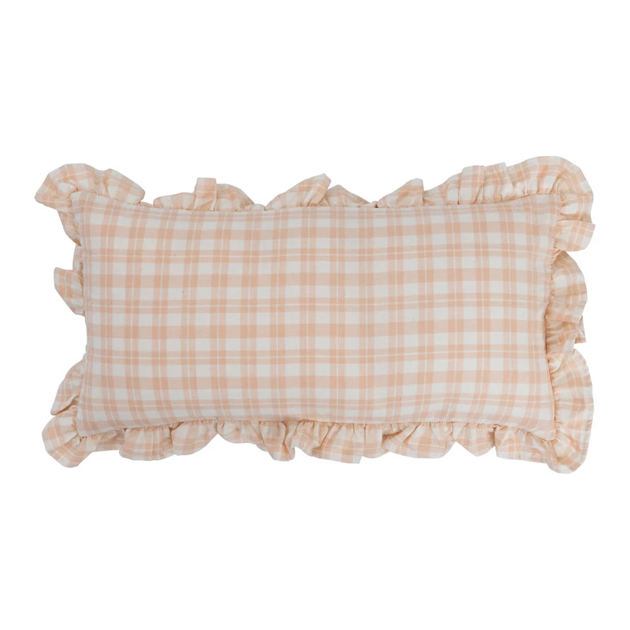 Add a touch of whimsy to your home decor with our Cotton Lumbar Plaid Pillow featuring a charming ruffle embellishment. Made of soft cotton, this pillow is not only stylish but also comfortable. Transform any space into a cozy oasis with this unique accent piece.
