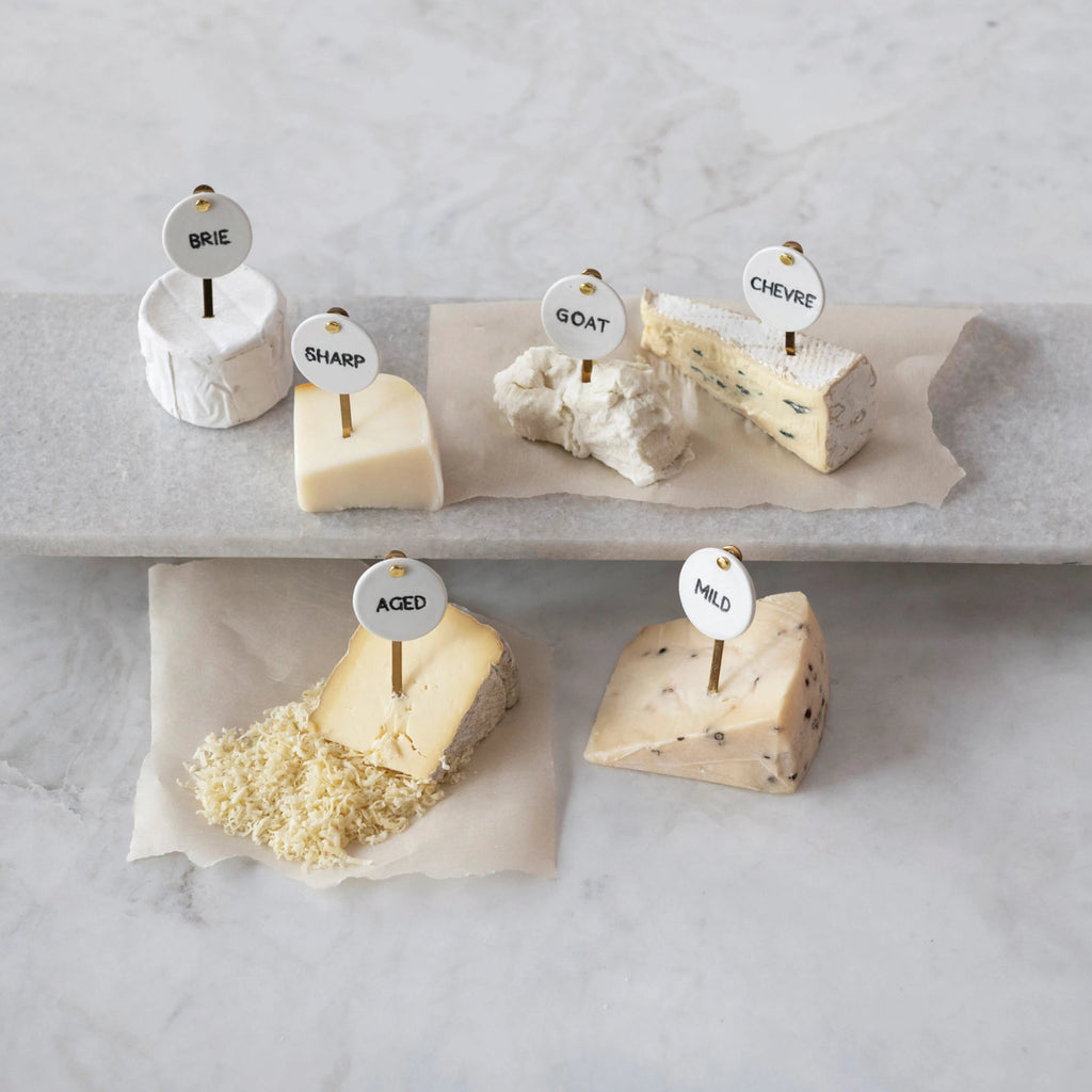 Make your cheese platter stand out with our Stoneware and Stainless Steel Cheese Markers! These markers not only add a touch of elegance to your display, but also help your guests easily identify each type of cheese. Perfect for dinner parties or wine tastings. Brie, Sharp, Goat, Chevre, Mild & Aged