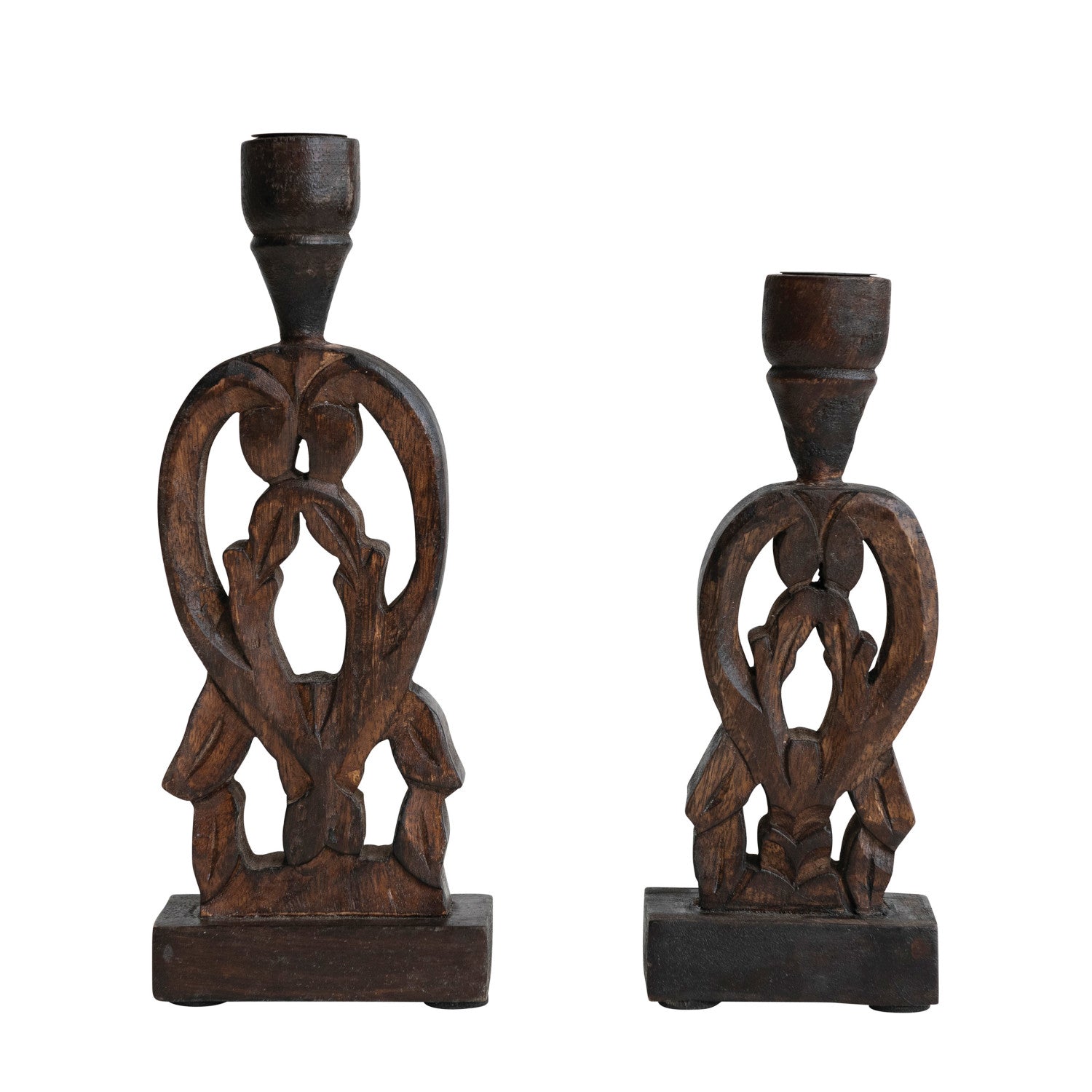 Hand-Carved Mango Wood Taper Holders, Walnut Finish, Set of 2