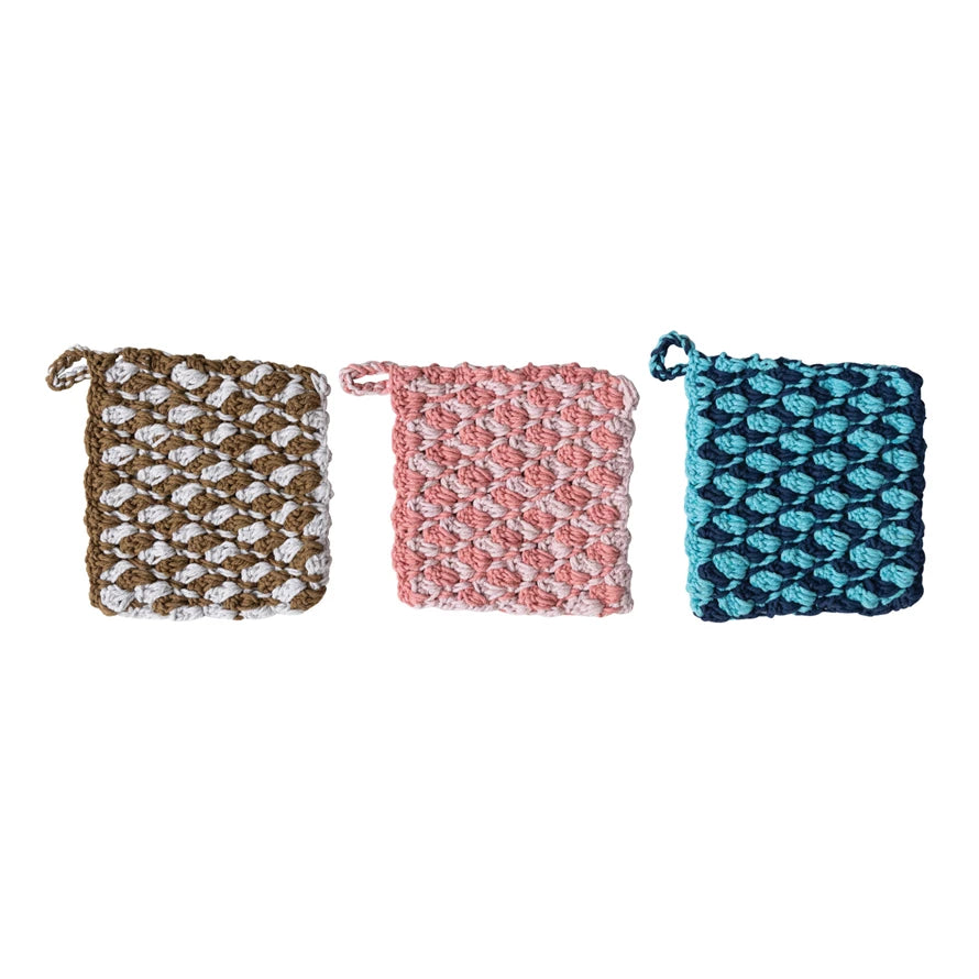 Get cooking with these colorful Hand-Woven Cotton Crocheted Pot Holders! Made with durable cotton, they'll protect your hands while adding a touch of style to your kitchen. Choose from 3 vibrant colors to brighten up your cooking experience.&nbsp;&nbsp;