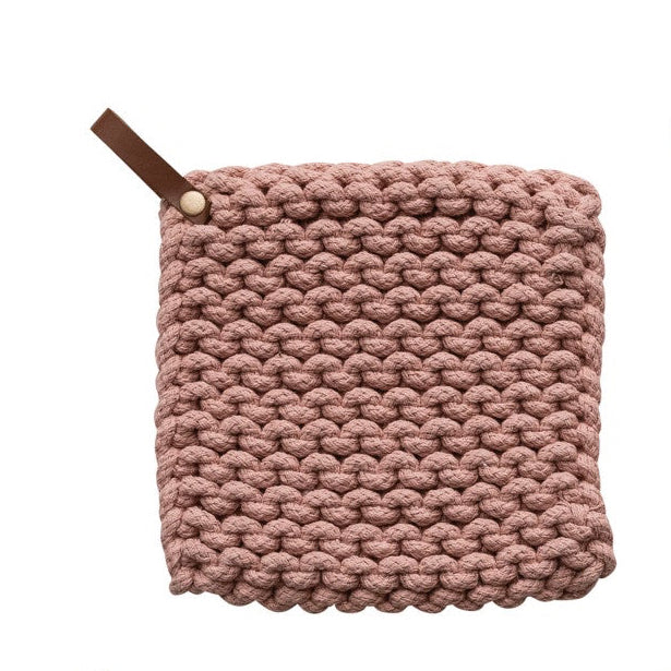 Cotton Crocheted Pot Holder w/ Leather Loop, 4 Colors