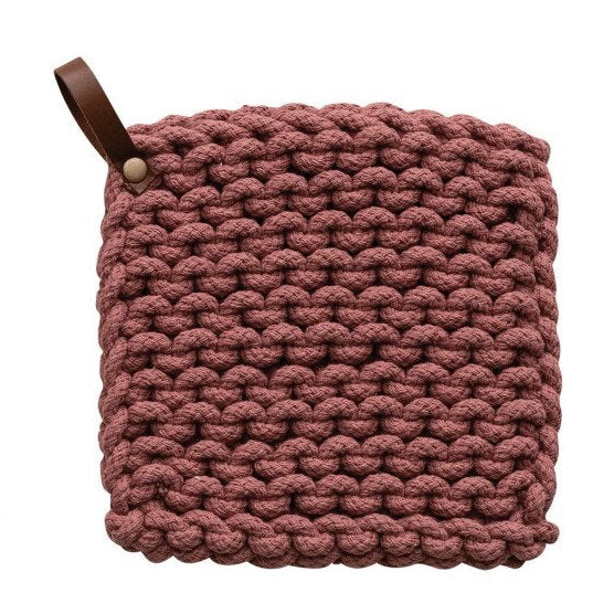 Cotton Crocheted Pot Holder with Leather Loop - Rose