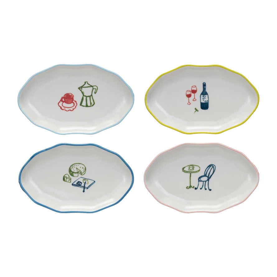 Add some quirky charm to your kitchen with our Hand-Painted Stoneware Dish featuring a colorful rim and bistro image. Each dish is unique and adds a touch of personality to your table. Available in 4 styles, it's the perfect dish for any meal. 