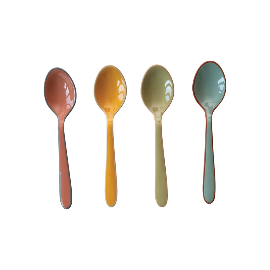 Spice up your kitchen with these colorful Enameled Stainless Steel Spoons! Made with durable stainless steel, each spoon features a pop of color along the edge for a playful touch. Available in 4 vibrant colors, these spoons add a touch of fun to any meal prep.