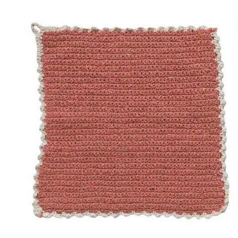 This cotton blend dish cloth features a soft cotton blend with a delicate crocheted edge and natural trim. Its earthy color adds warmth to your kitchen while providing durable absorbency for everyday use. Perfect for drying dishes or adding a cozy touch to your countertop.