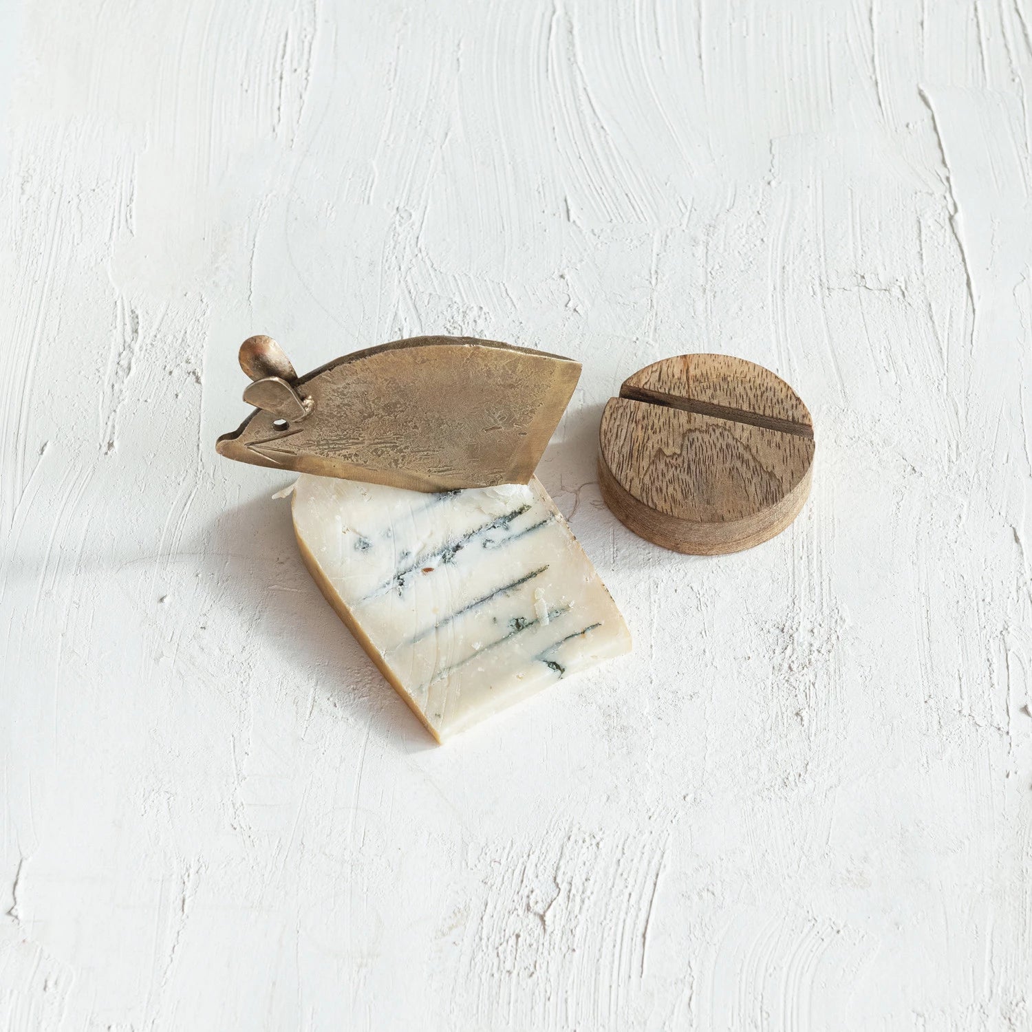 Hand-Forged Metal Mouse Shaped Cheese Knife with 2.5" Round Mango Wood Stand, Antique Brass Finish &amp; Natural wood.
