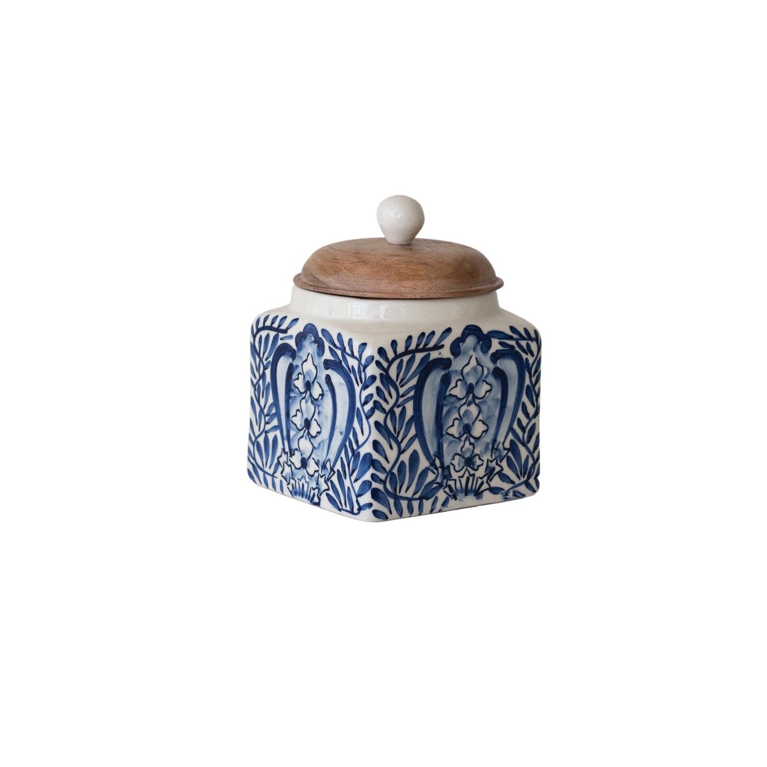 Blue & White Hand-Painted Stoneware Canister with Spoon