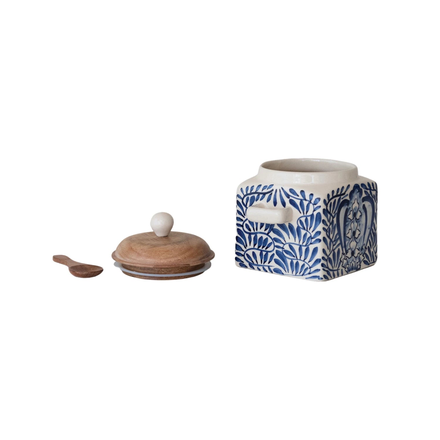 Blue & White Hand-Painted Stoneware Canister with Spoon