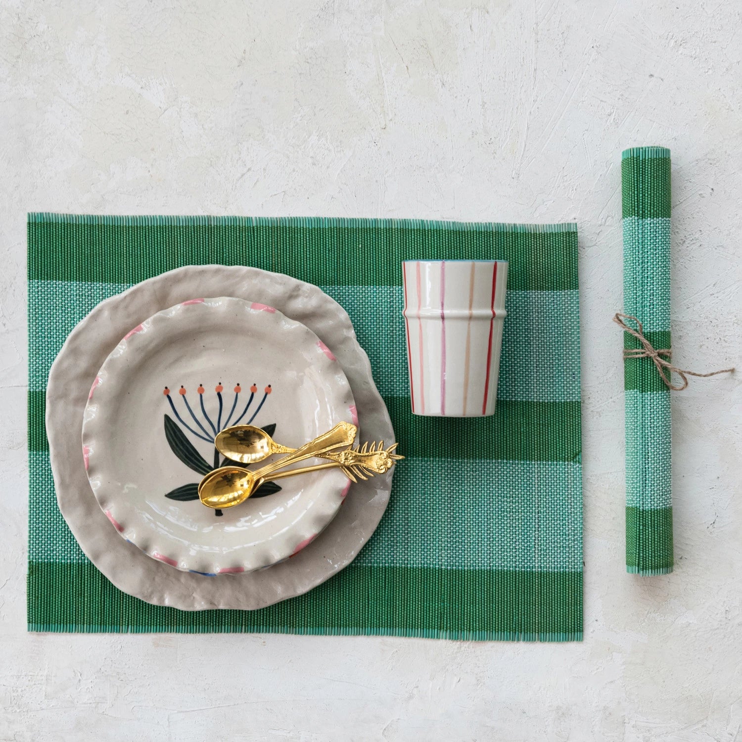 Striped Hand-Woven Bamboo Placemat - Teal & Green