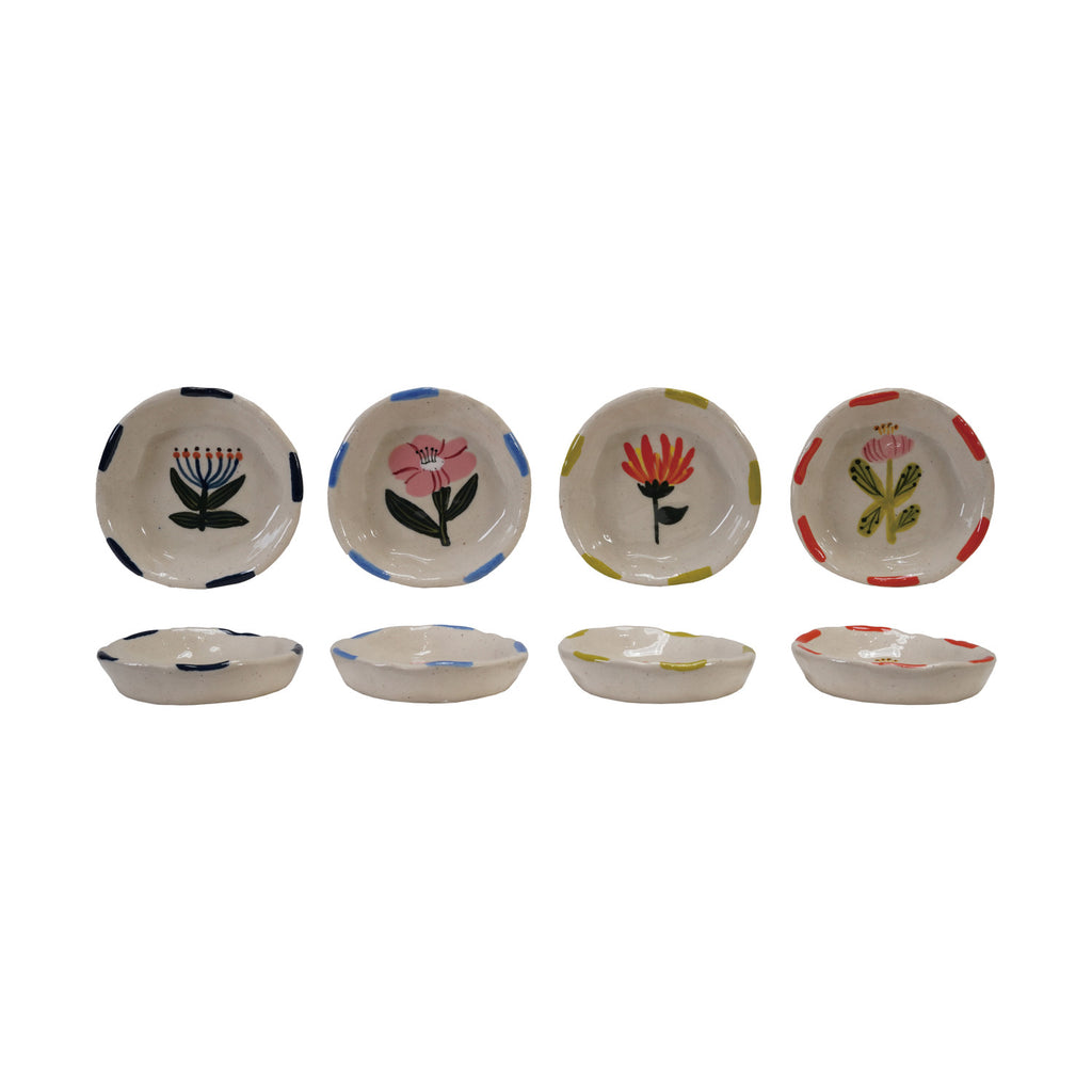 This hand-painted stoneware dish combines artistry with everyday functionality. Crafted with care, its unique design adds a personal touch to your table while providing a durable surface for serving your favorite meals. Perfect for those who appreciate handmade quality and want to bring warmth and character to their dining experience. 3-1/4" Round