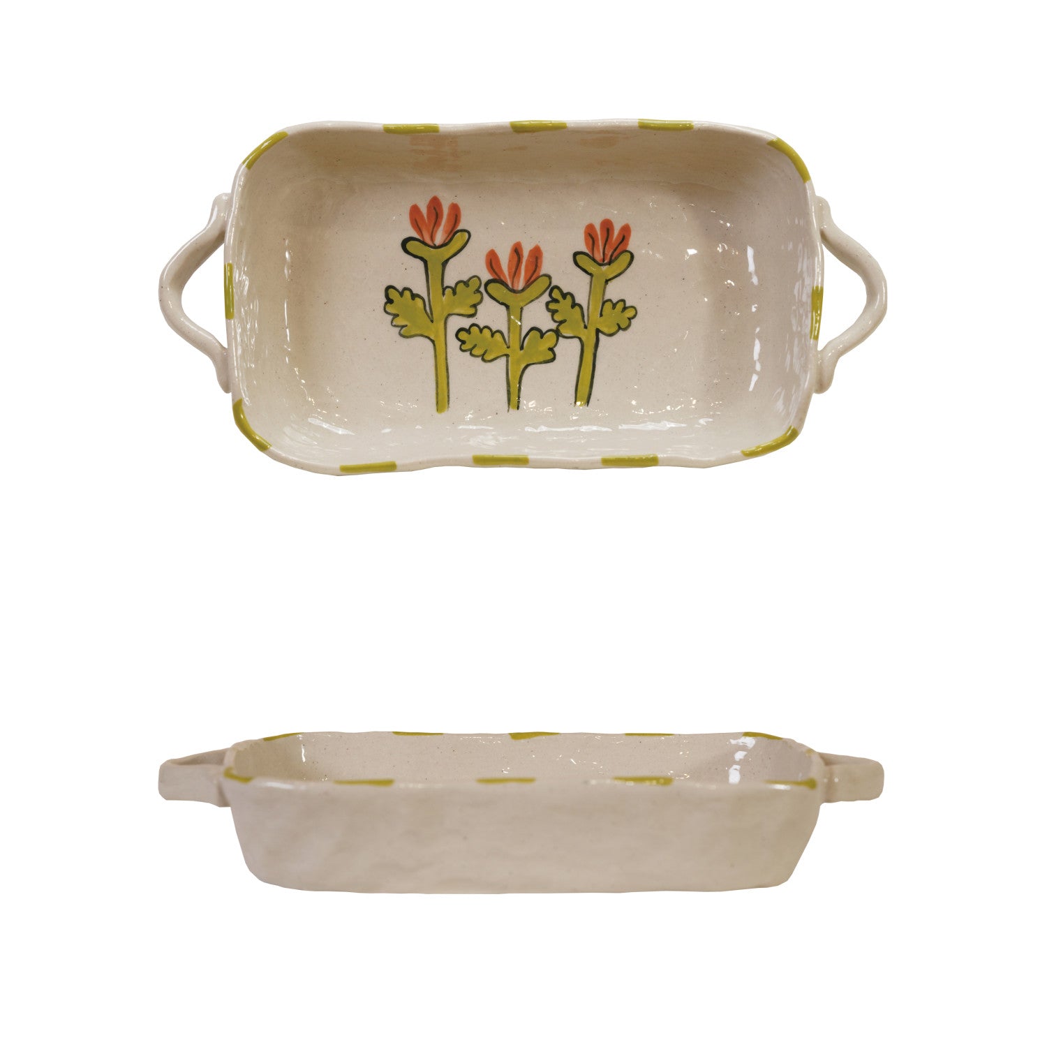 This Hand-Painted Blooming Trio Stoneware Baker with Handles combines charming artistry with practical design. Its durable stoneware construction ensures even heat distribution for perfectly baked dishes, while the comfortable handles make it easy to transport from oven to table. The hand-painted floral design adds a touch of elegance to your kitchen, making it ideal for everyday use or special occasions. Enjoy cooking and serving with confidence and style. 10"L x 5"W x 1-3/4"H