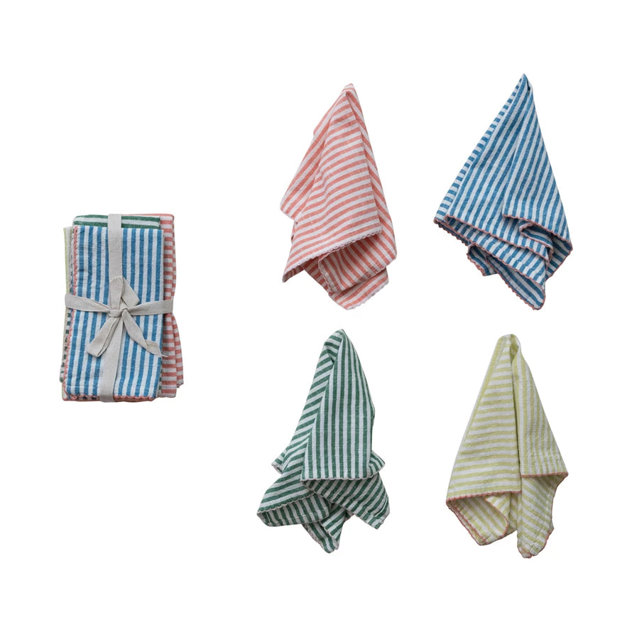 Add a colorful touch to your table setting with our Woven Cotton Striped Napkins! Made with high-quality cotton and accented with stitched colored trim, these napkins are perfect for everyday use or special occasions.