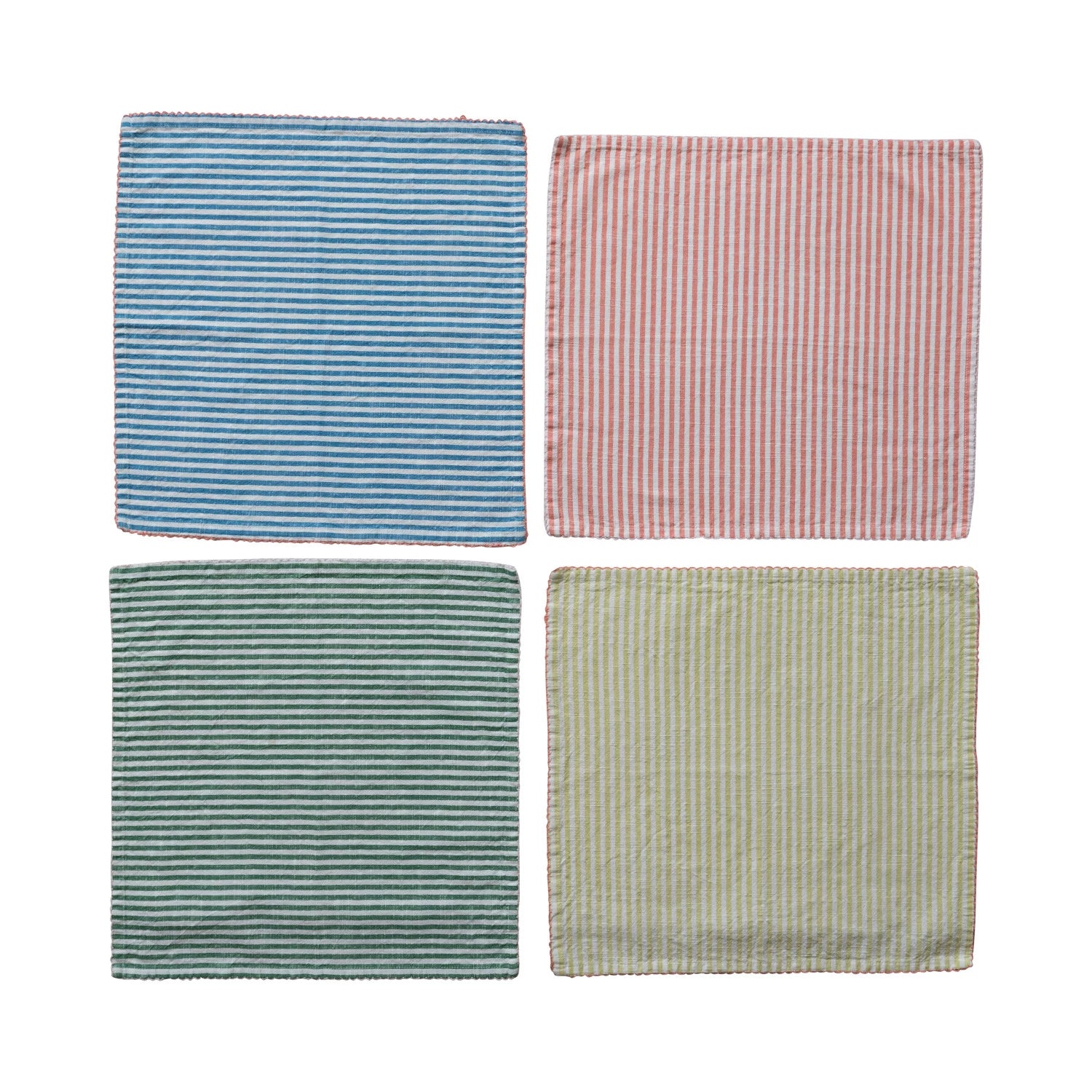 Add a colorful touch to your table setting with our Woven Cotton Striped Napkins! Made with high-quality cotton and accented with stitched colored trim, these napkins are perfect for everyday use or special occasions.